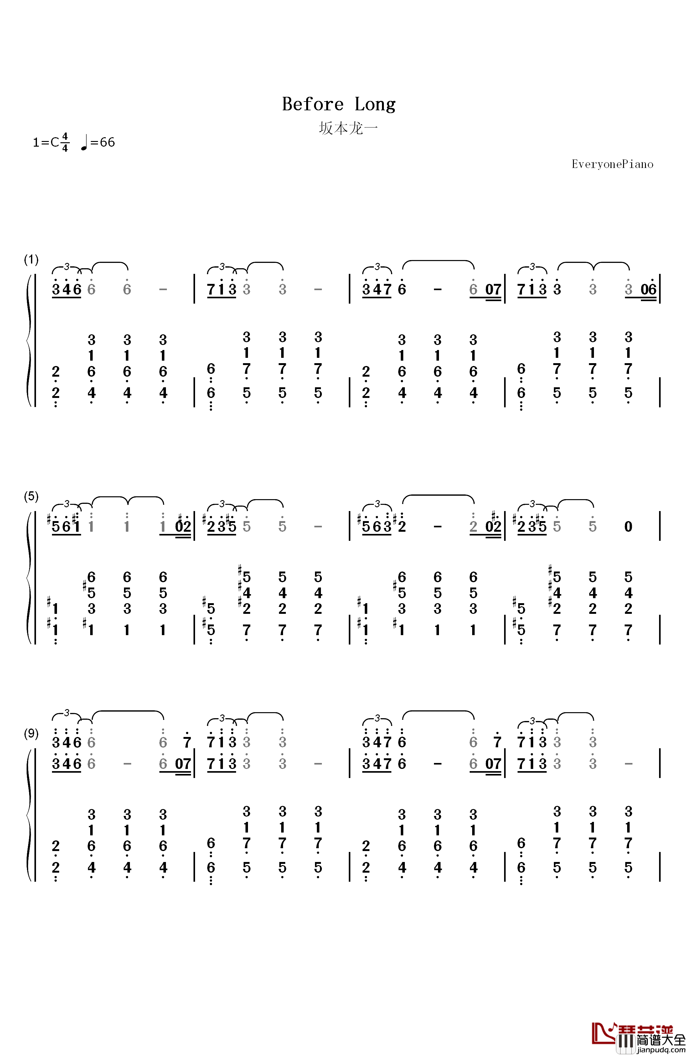 Before_Long钢琴简谱_数字双手_坂本龙一