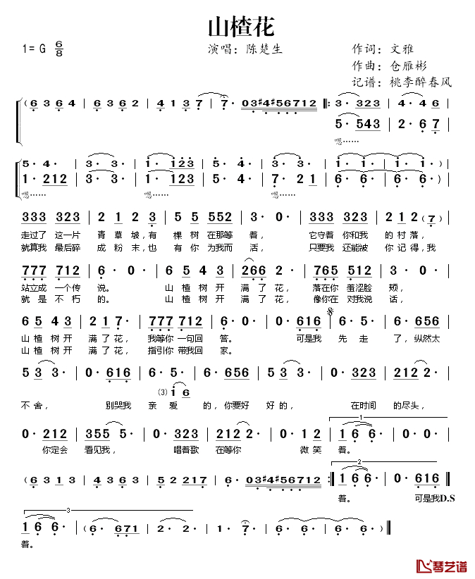 山楂花简谱(歌词)_陈楚生演唱_桃李醉春风记谱