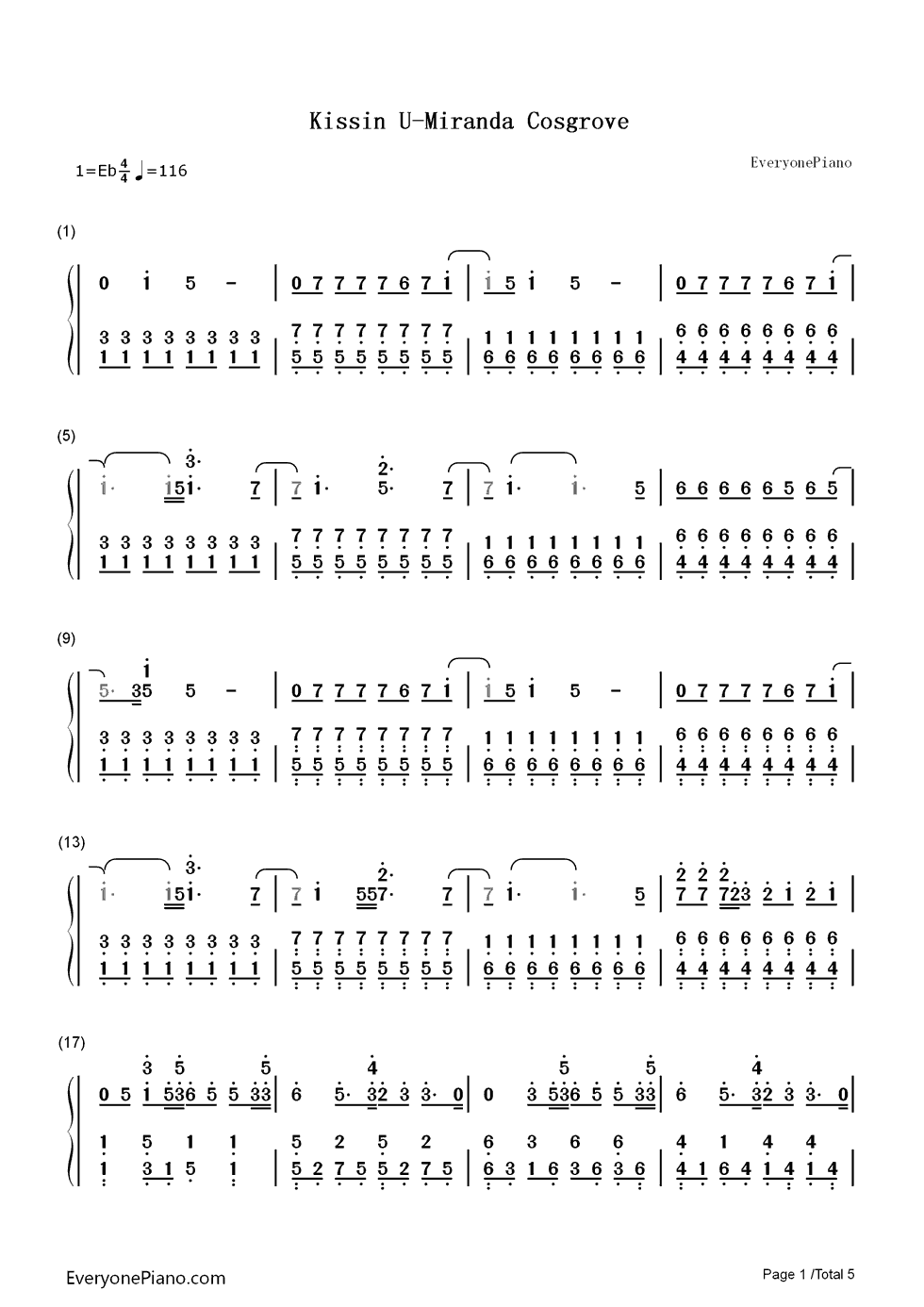 Kissin_U钢琴简谱_数字双手_Miranda_Cosgrove