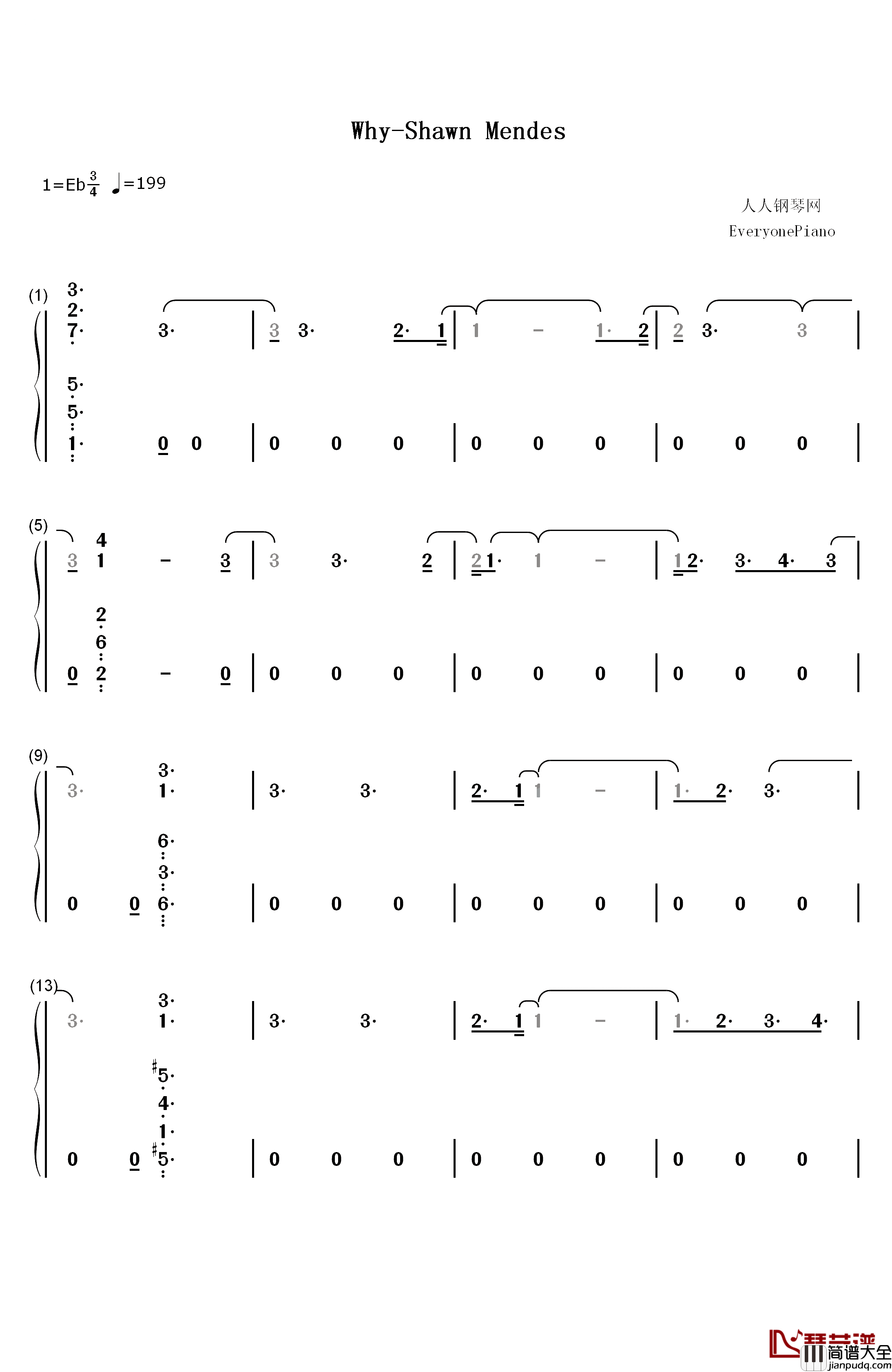 Why钢琴简谱_数字双手_Shawn_Mendes