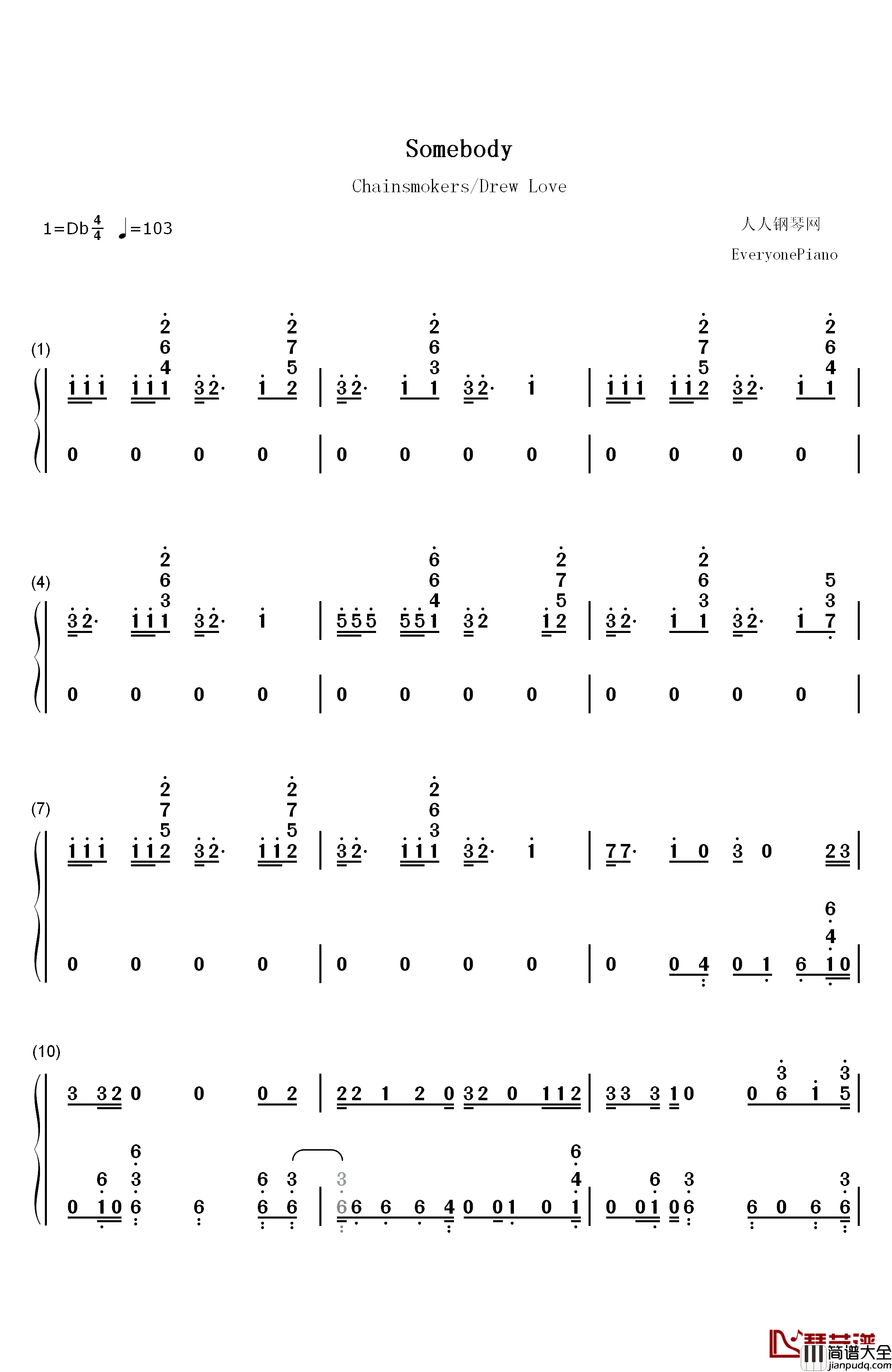 Somebody钢琴简谱_数字双手_The_Chainsmokers_Drew_Love