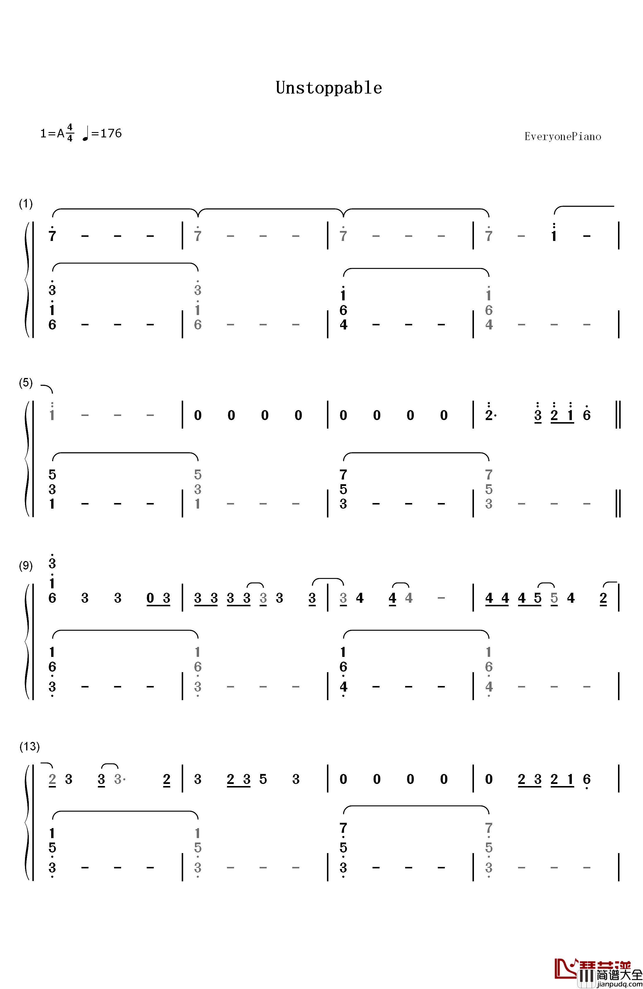 Unstoppable钢琴简谱_数字双手_Sia