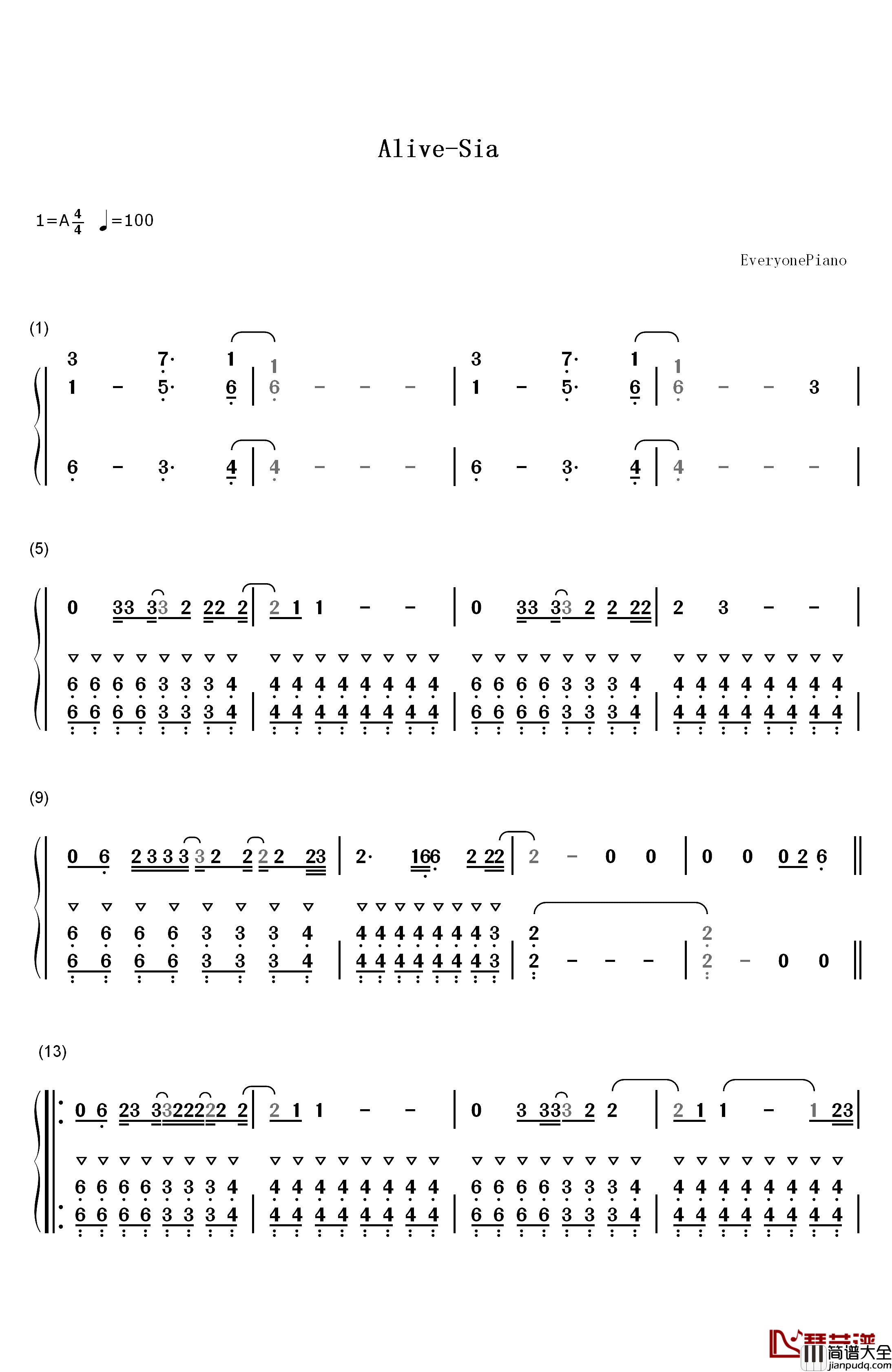 Alive钢琴简谱_数字双手_Sia