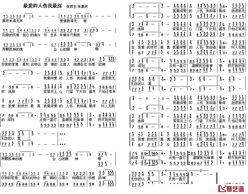 最爱的人伤我最深简谱_女声二重唱张雨生张惠妹_