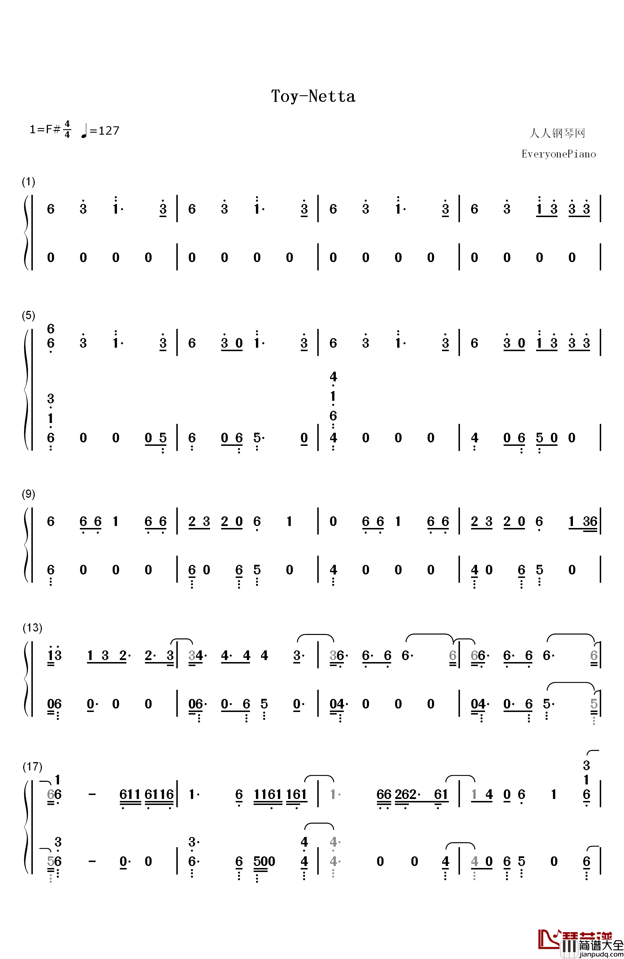 Toy钢琴简谱_数字双手_Netta