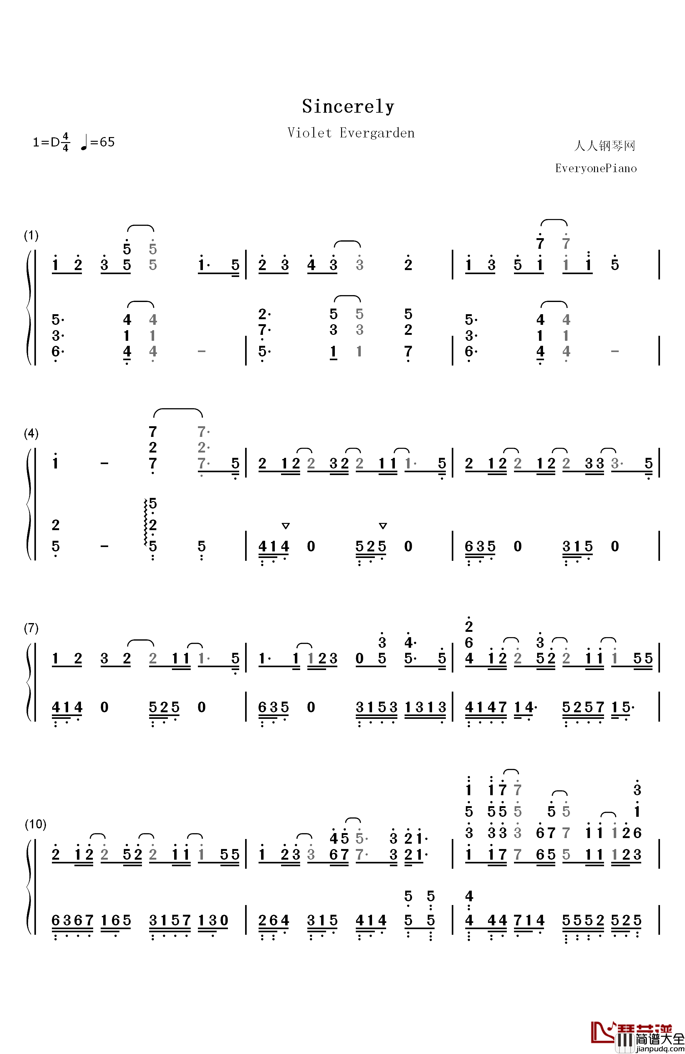 Sincerely钢琴简谱_数字双手_TRUE