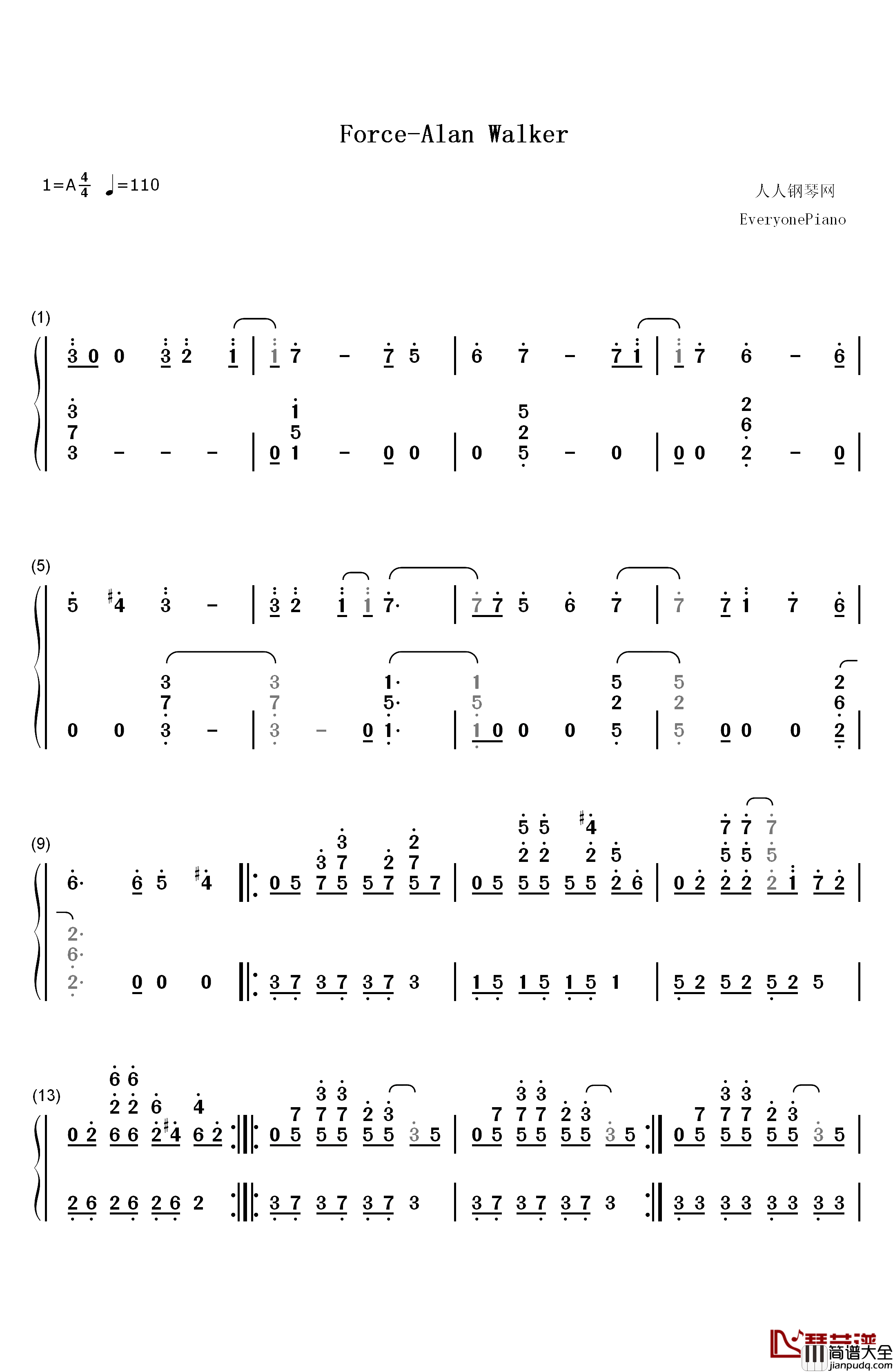 Force钢琴简谱_数字双手_Alan_Walker