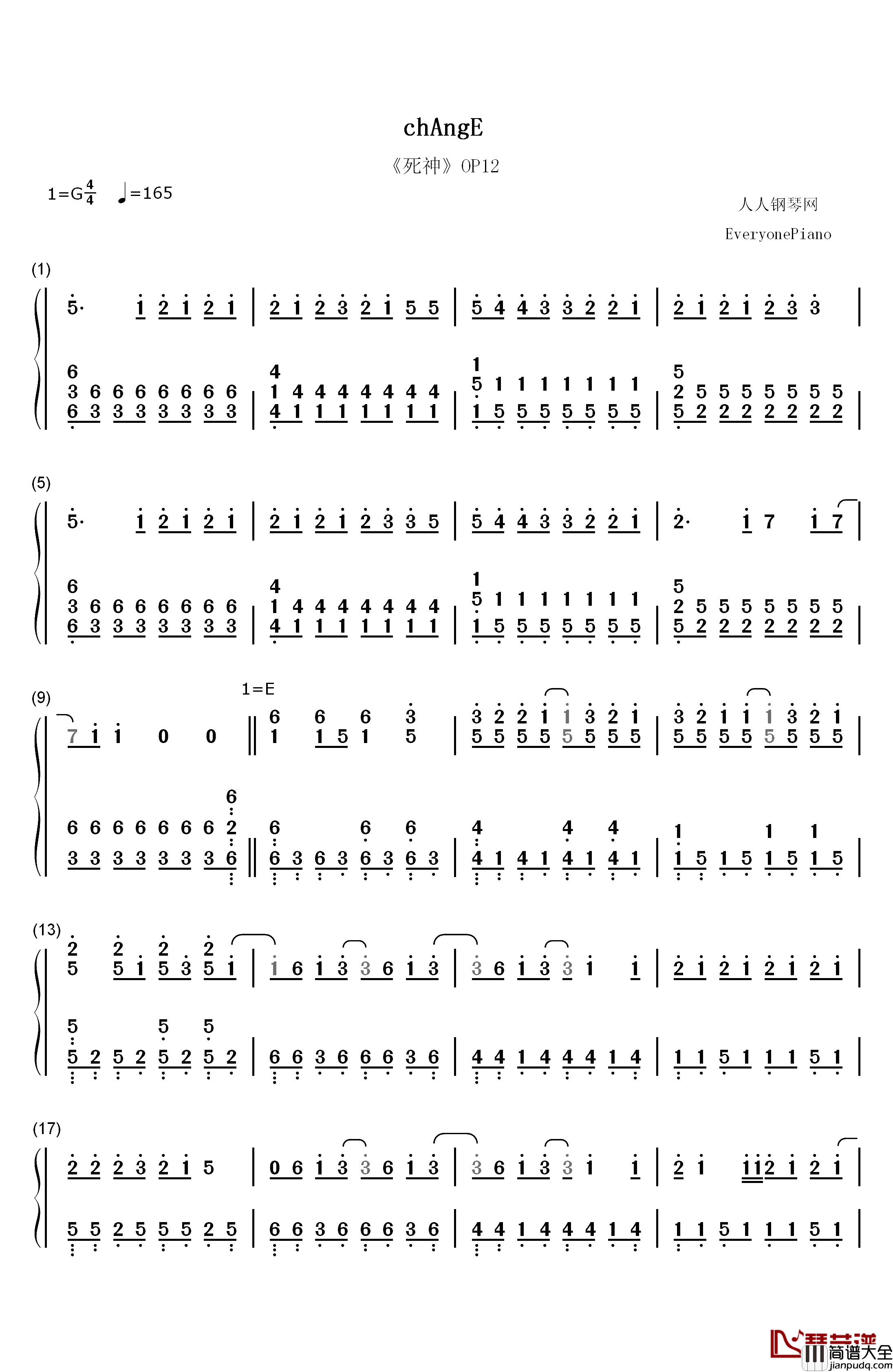 chAngE钢琴简谱_数字双手_miwa