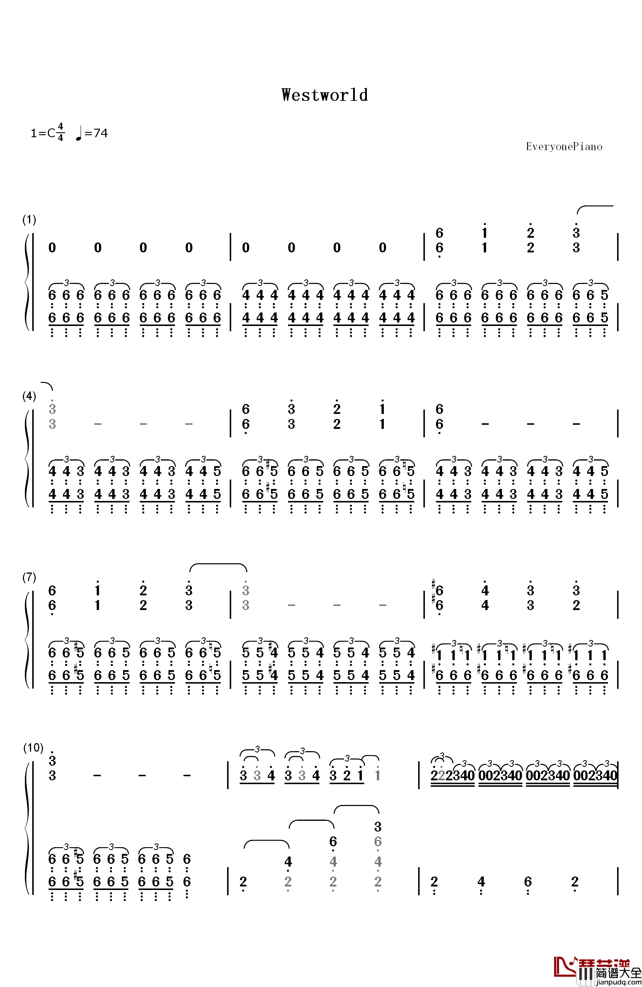 Main_Title_Theme_Westworld钢琴简谱_数字双手_Ramin_Djawadi