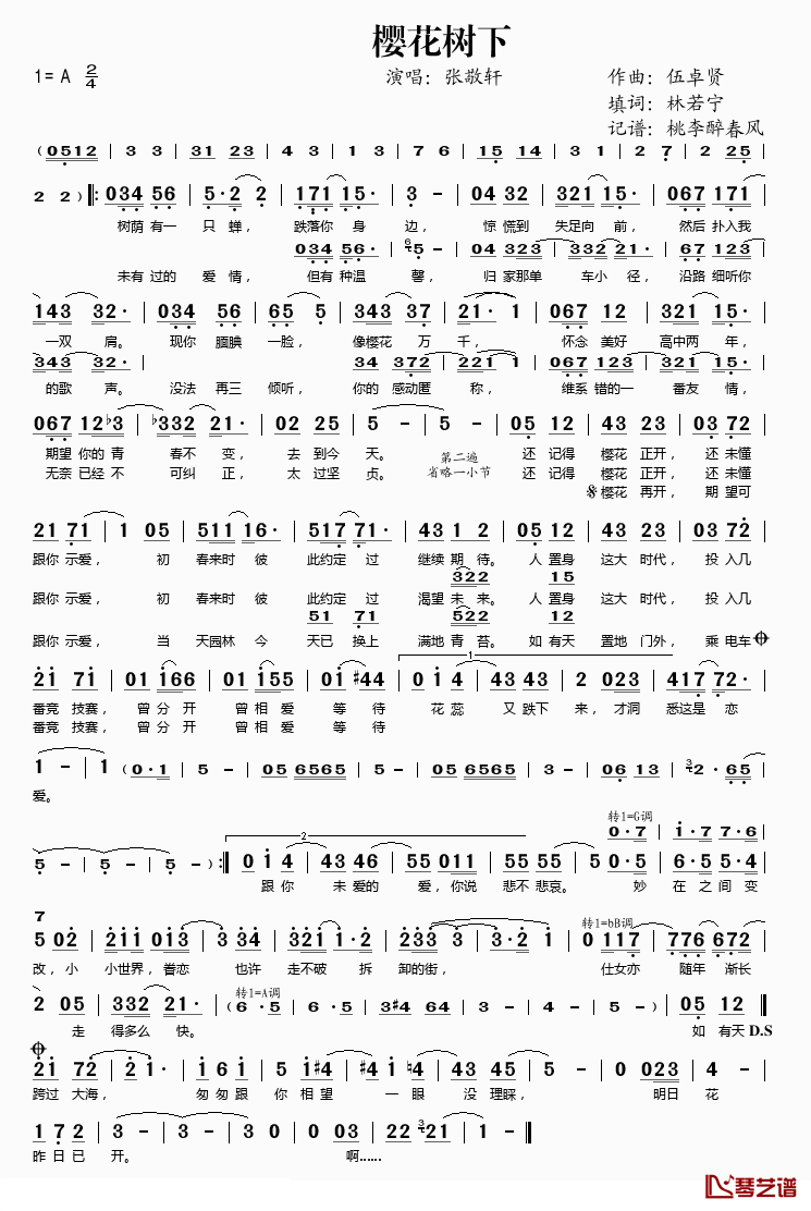 樱花树下简谱(歌词)_张敬轩演唱_桃李醉春风记谱上传