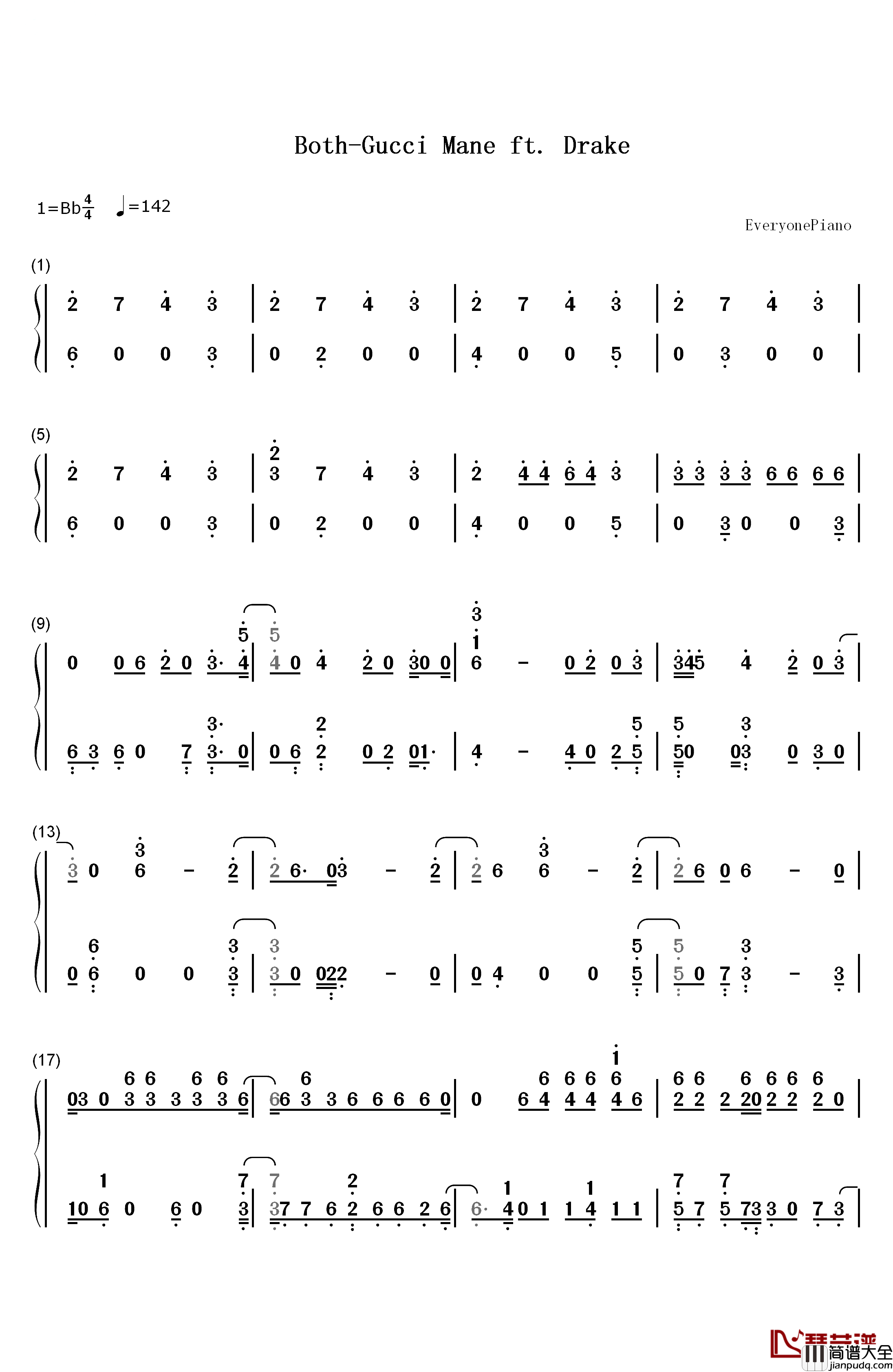 Both钢琴简谱_数字双手_Gucci_Mane_ft_Drake