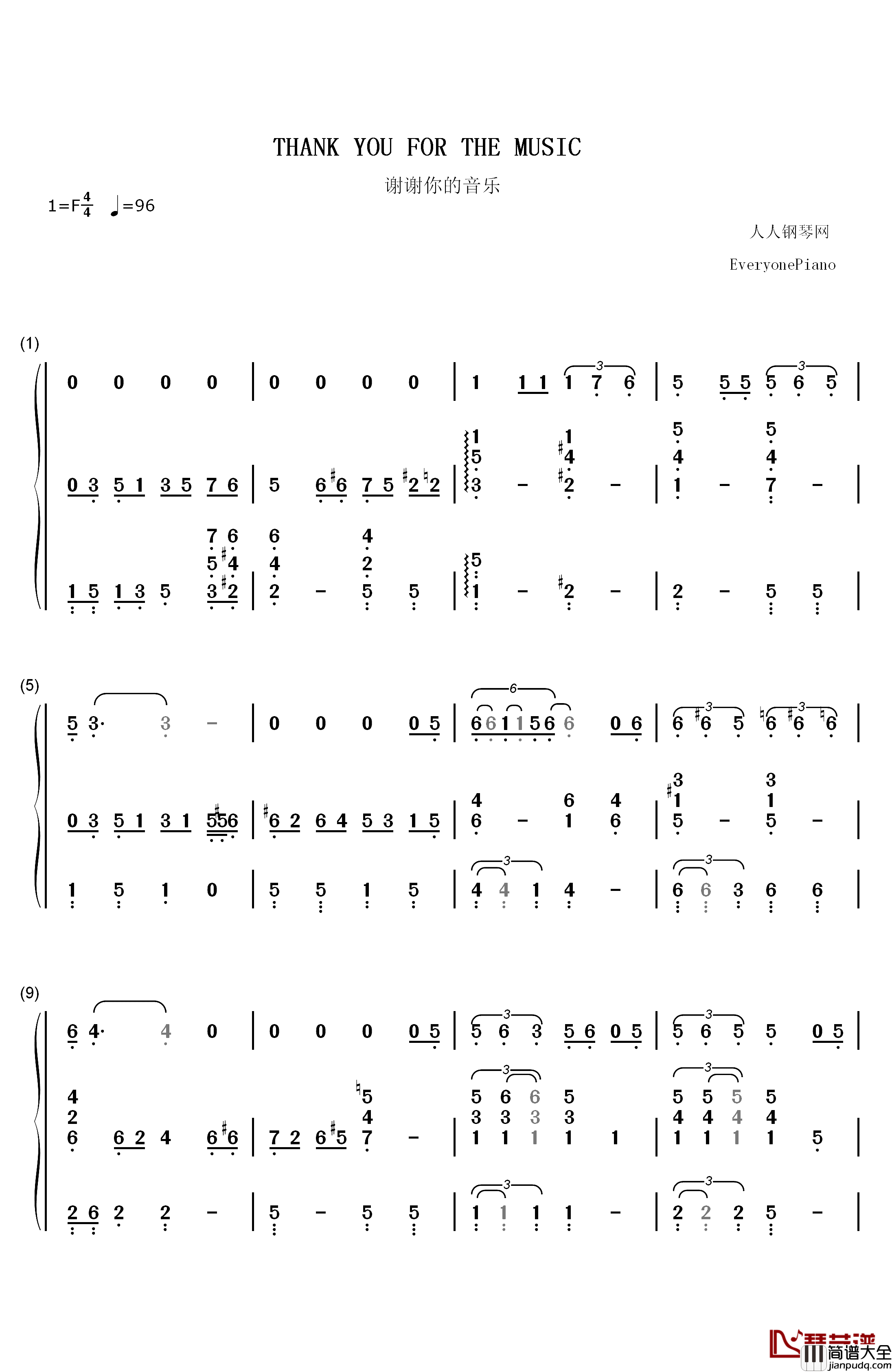 Thank_You_For_The_Music钢琴简谱_数字双手_ABBA