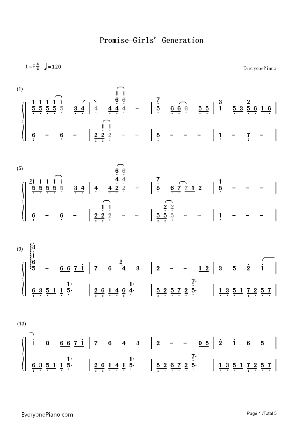 Promise钢琴简谱_数字双手_少女时代