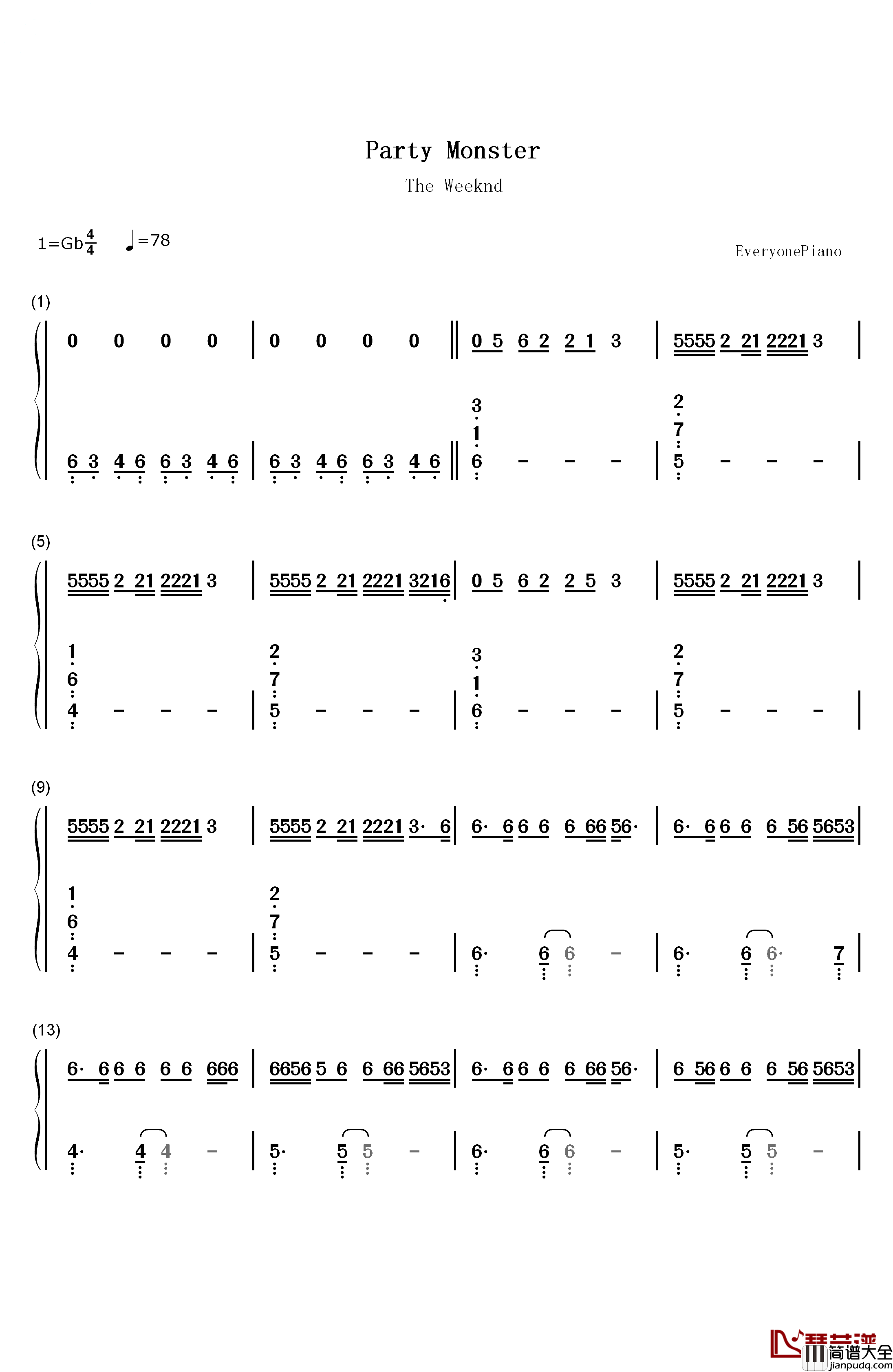 Party_Monster钢琴简谱_数字双手_The_Weeknd