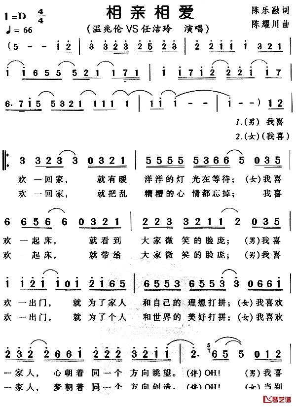 相亲相爱一家人简谱_陈乐融词_陈耀川曲温兆伦、任洁玲_