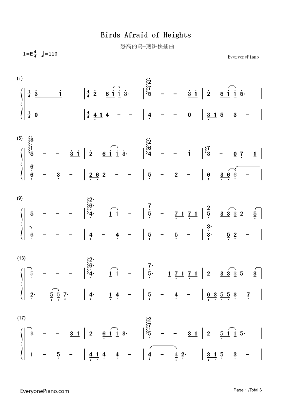 恐高的鸟钢琴简谱_数字双手_大鹏