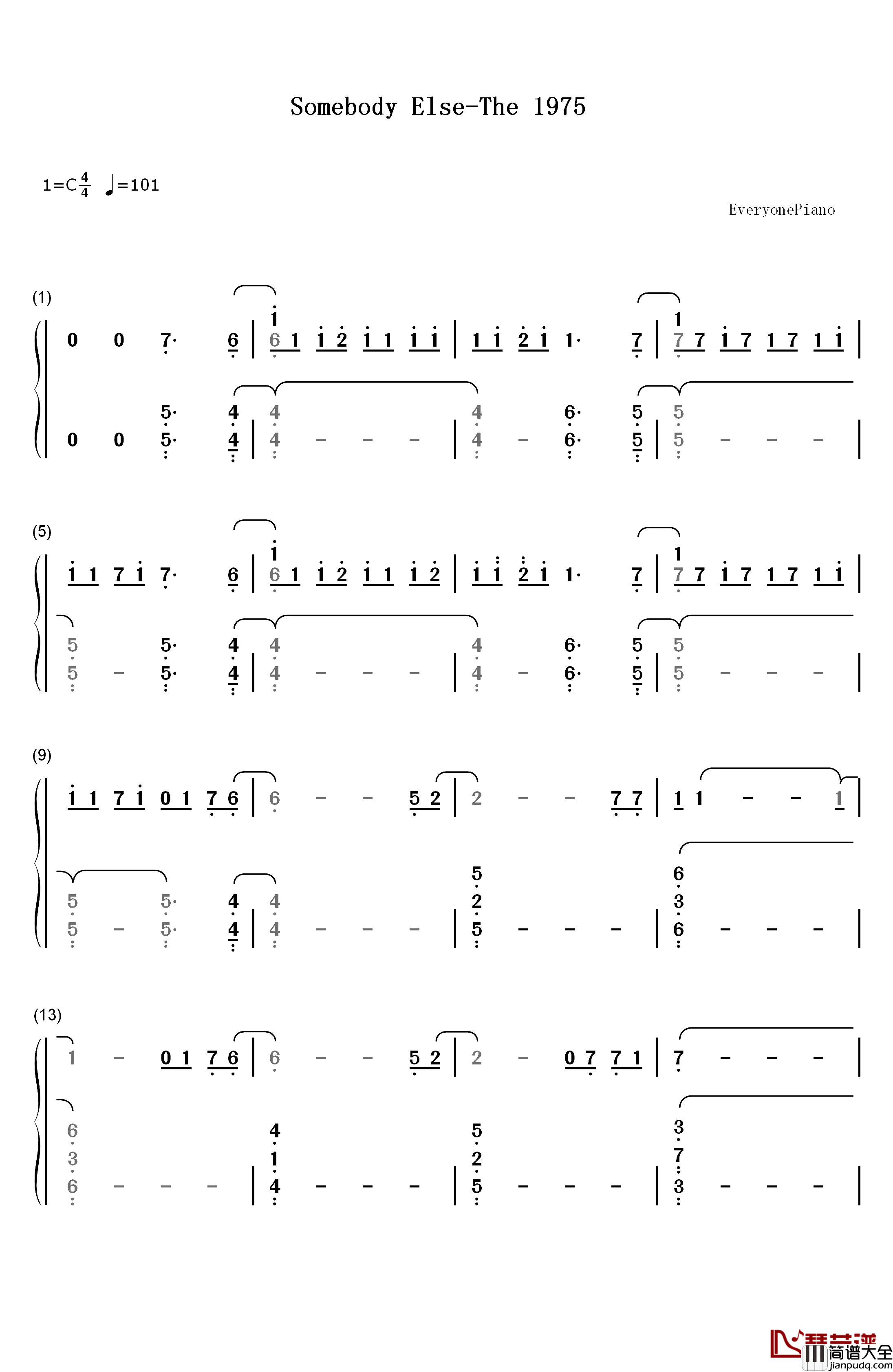 Somebody_Else钢琴简谱_数字双手_The_1975