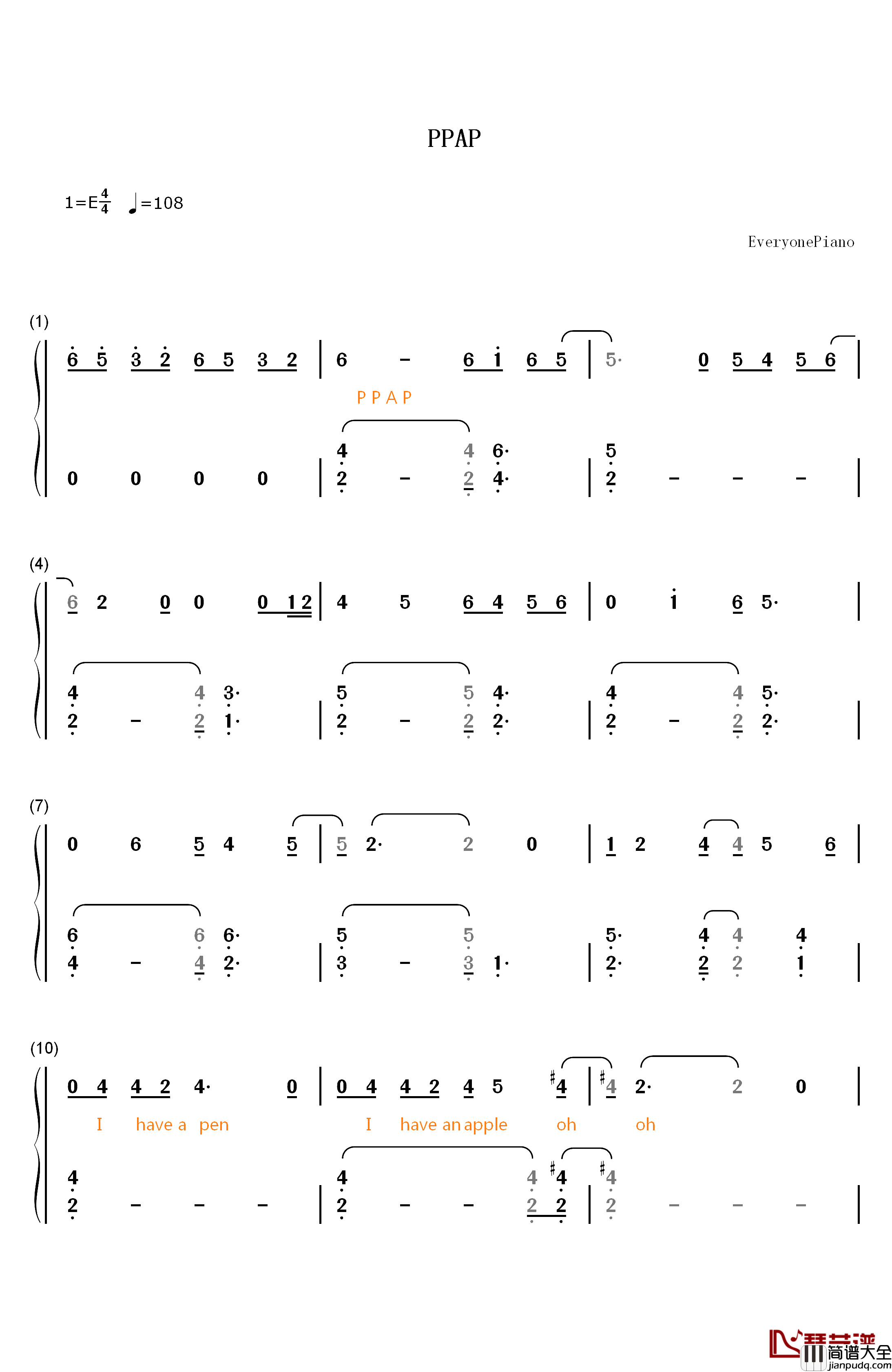 PPAP抒情版钢琴简谱_数字双手_KBShinya