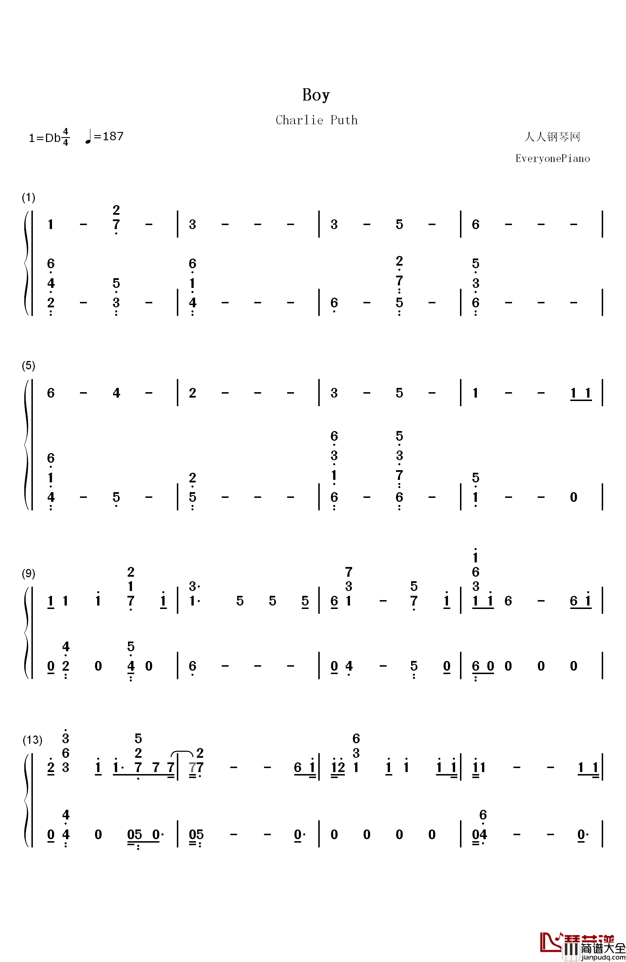 Boy钢琴简谱_数字双手_Charlie_Puth