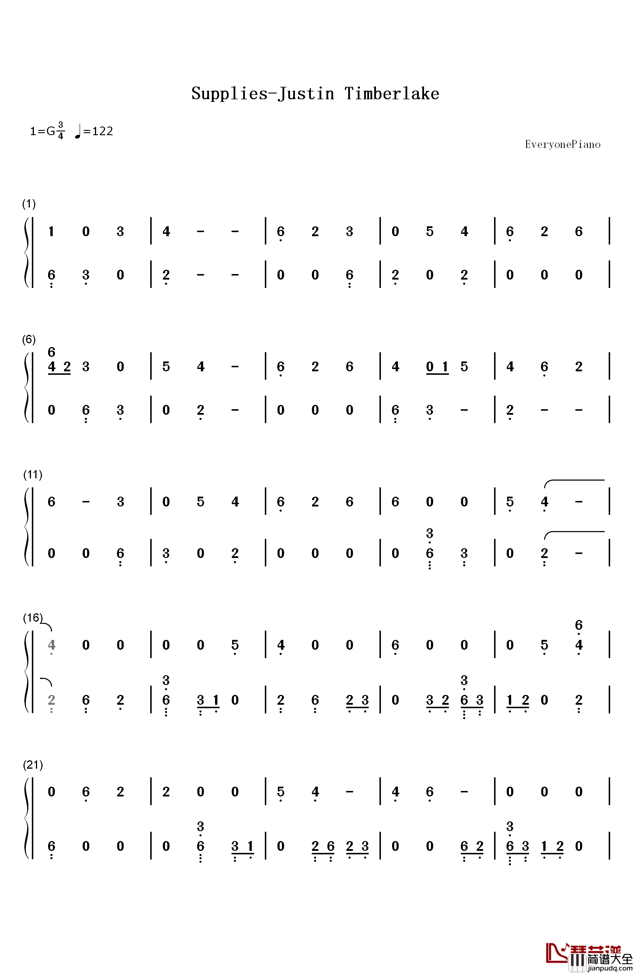 Supplies钢琴简谱_数字双手_Justin_Timberlake