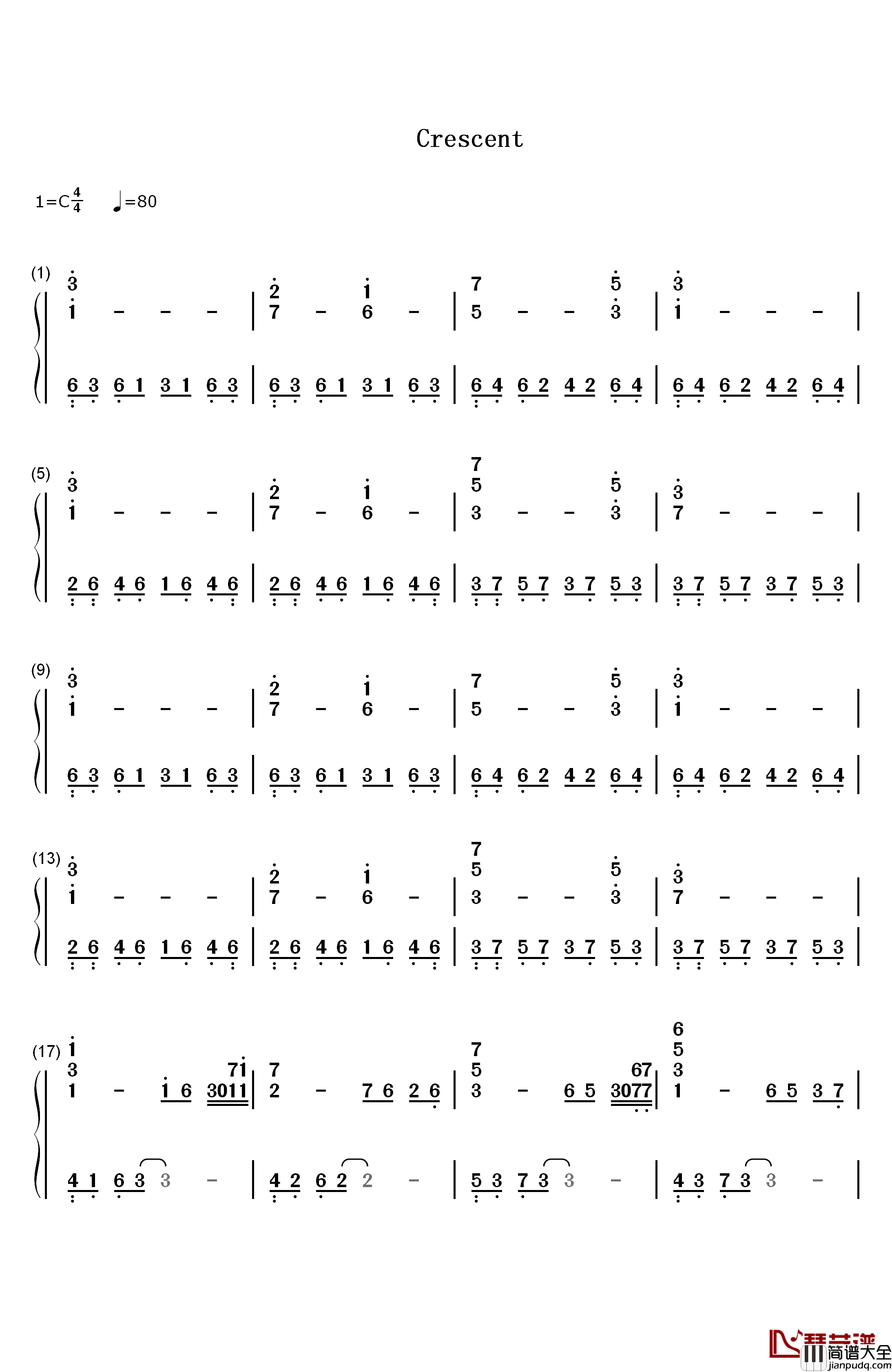 Crescent钢琴简谱_数字双手_大森俊之