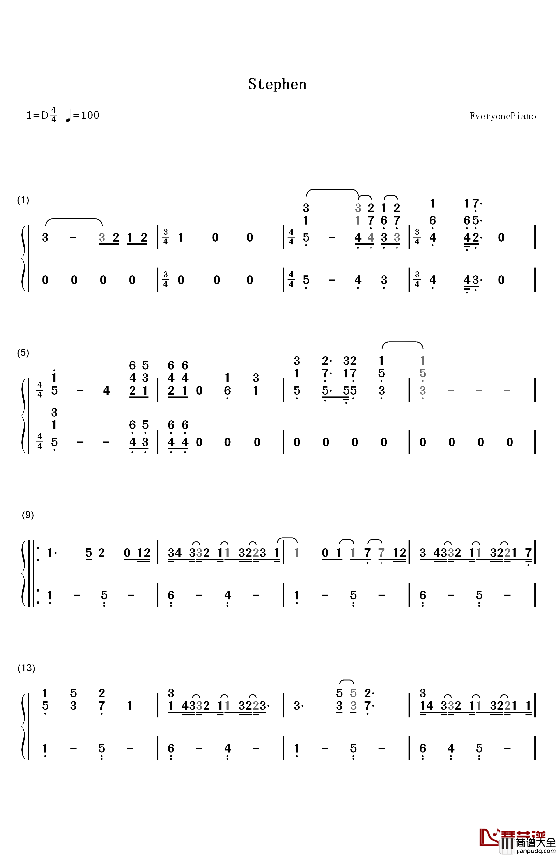 Stephen钢琴简谱_数字双手_Kesha