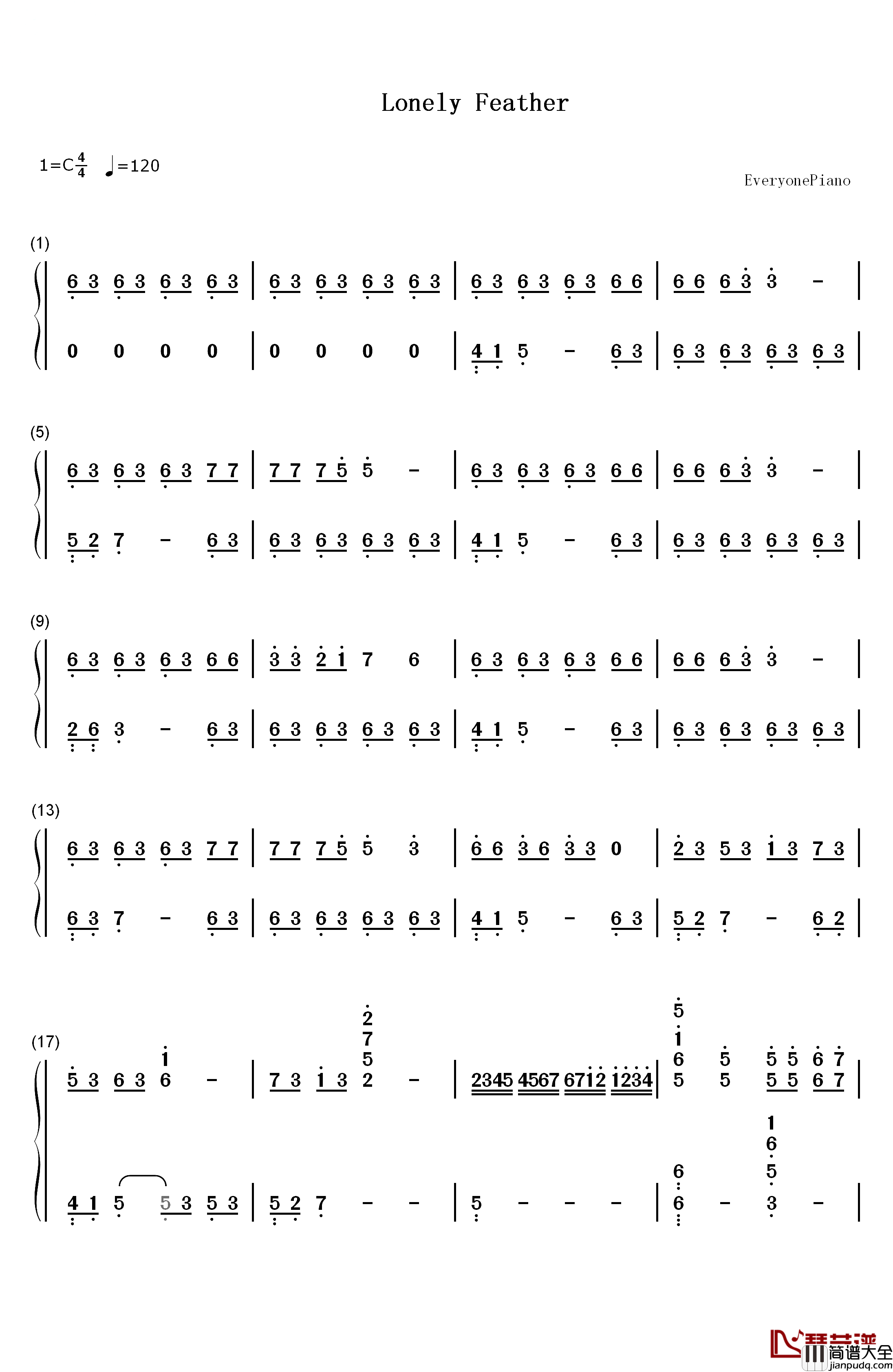 Lonely_Feather钢琴简谱_数字双手_千菅春香