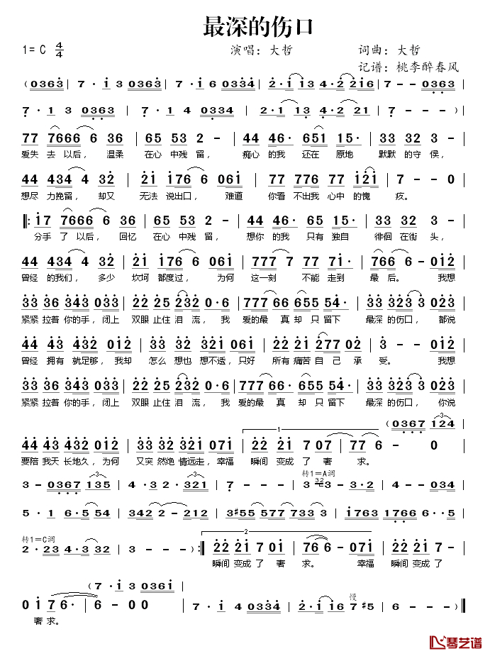 最深的伤口简谱(歌词)_大哲演唱_桃李醉春风记谱