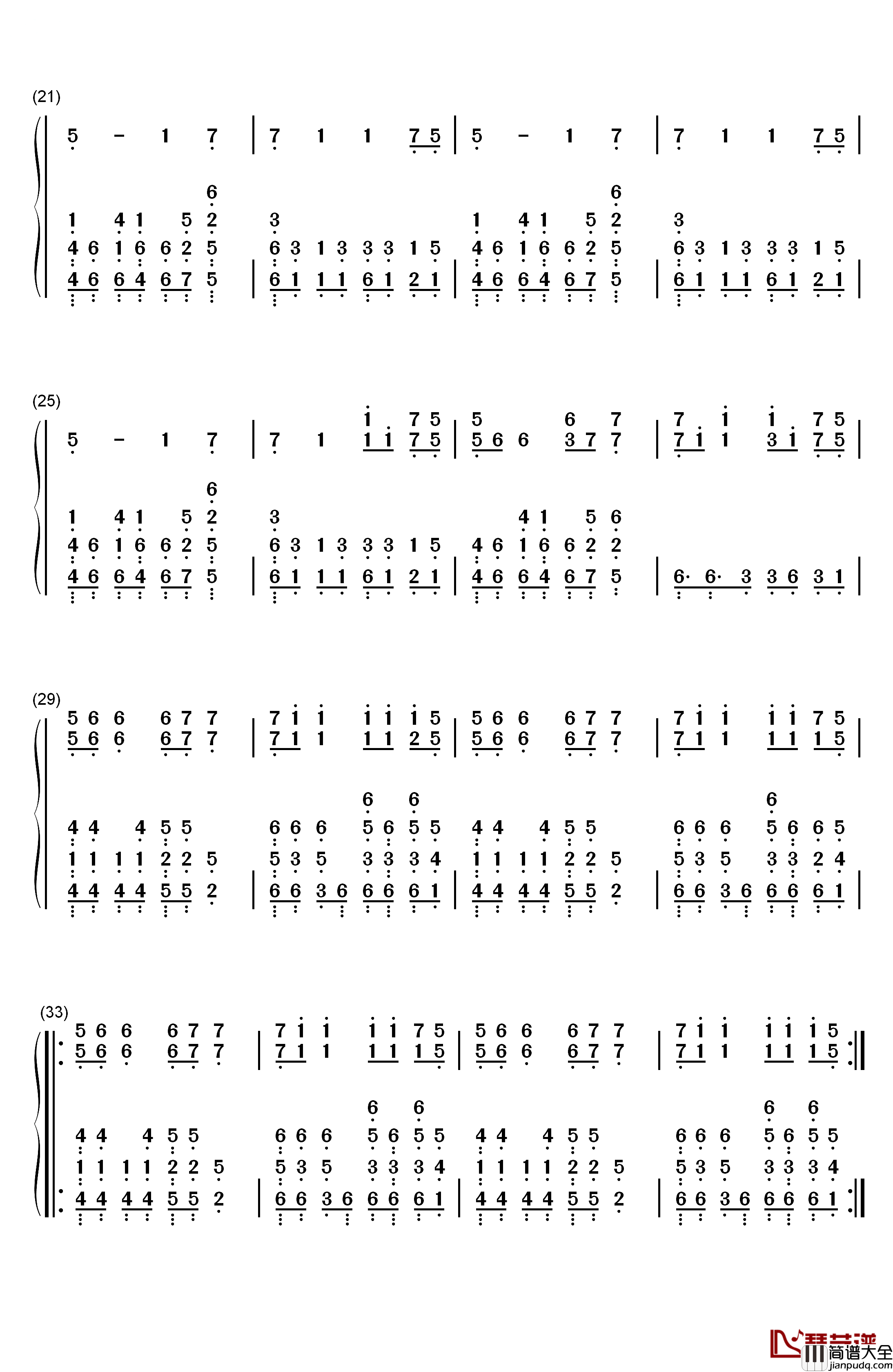 PDD洪荒之力钢琴简谱_数字双手_Hoaprox