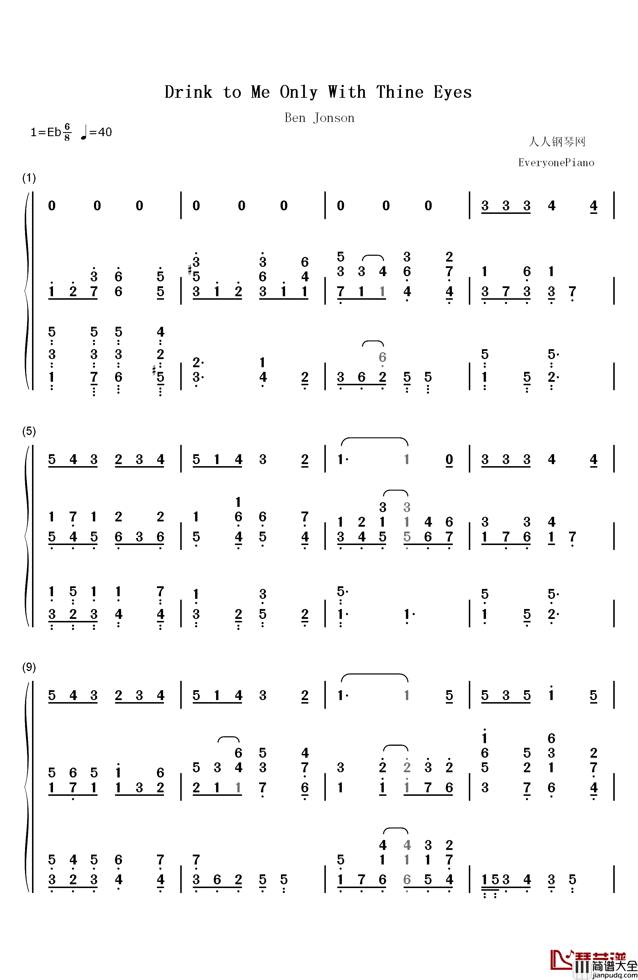 Drink_to_Me_Only_with_Thine_Eyes钢琴简谱_数字双手_Ben_Jonson