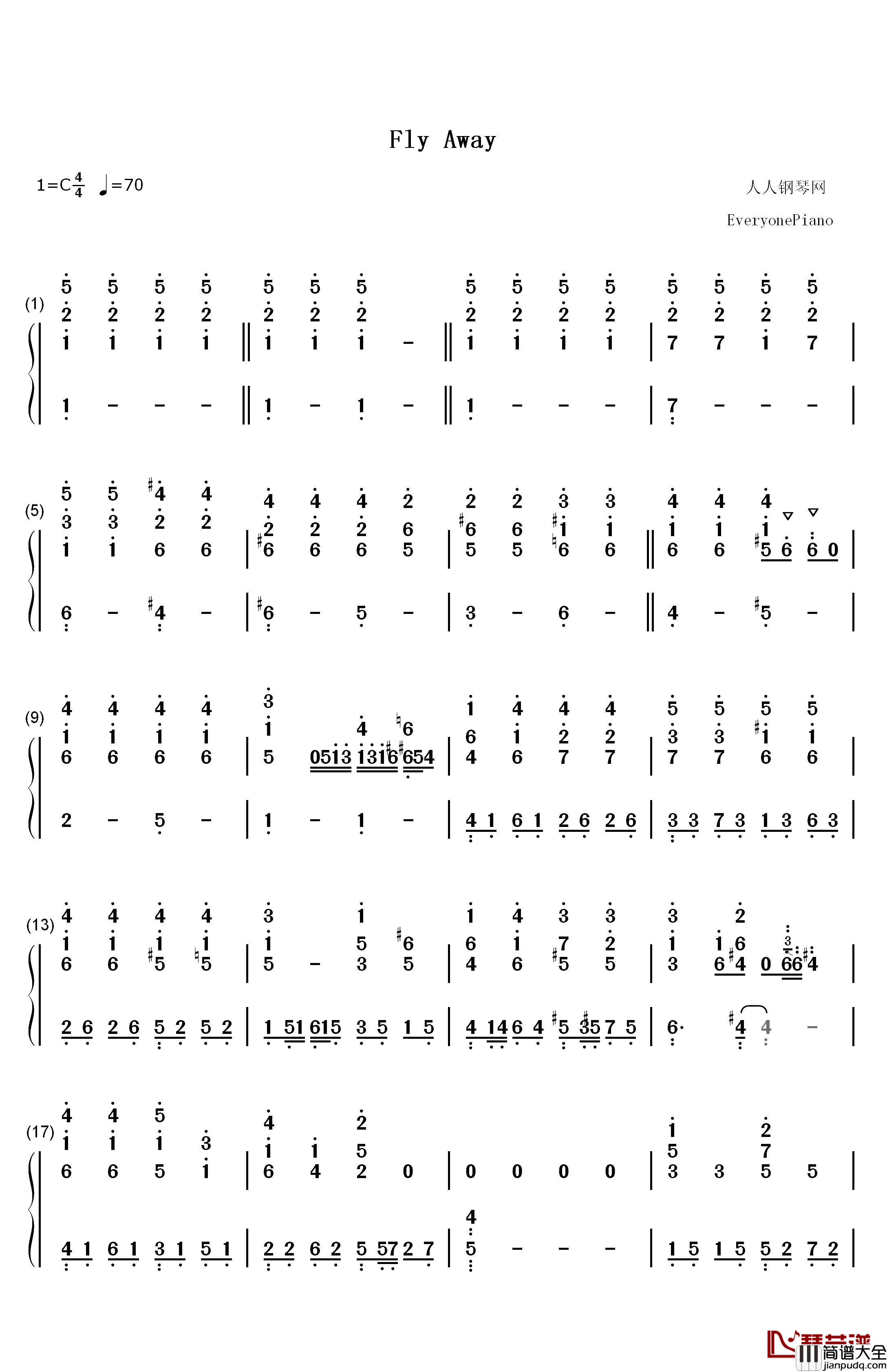 Fly_Away钢琴简谱_数字双手_梁静茹