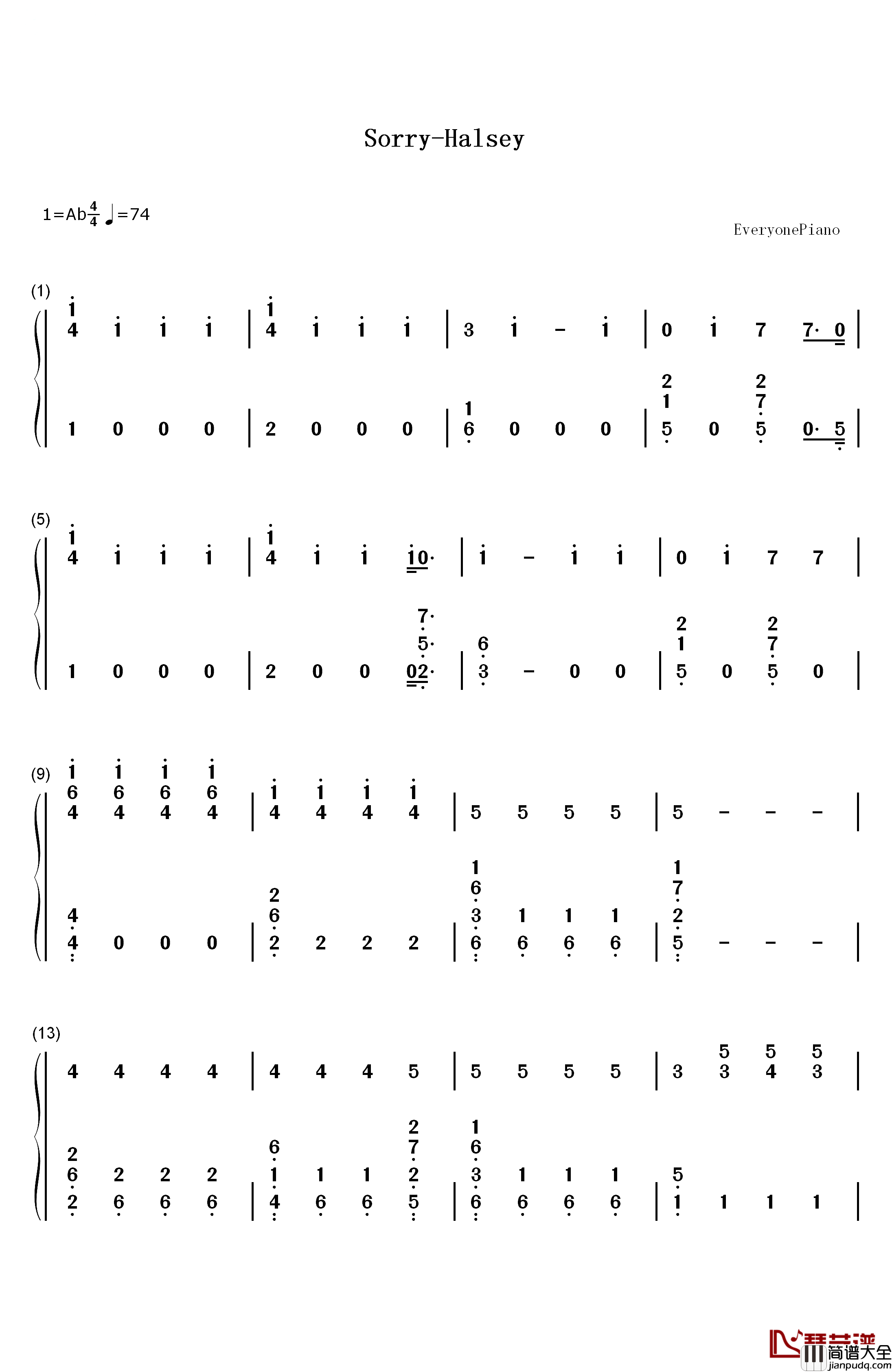 Sorry钢琴简谱_数字双手_Halsey