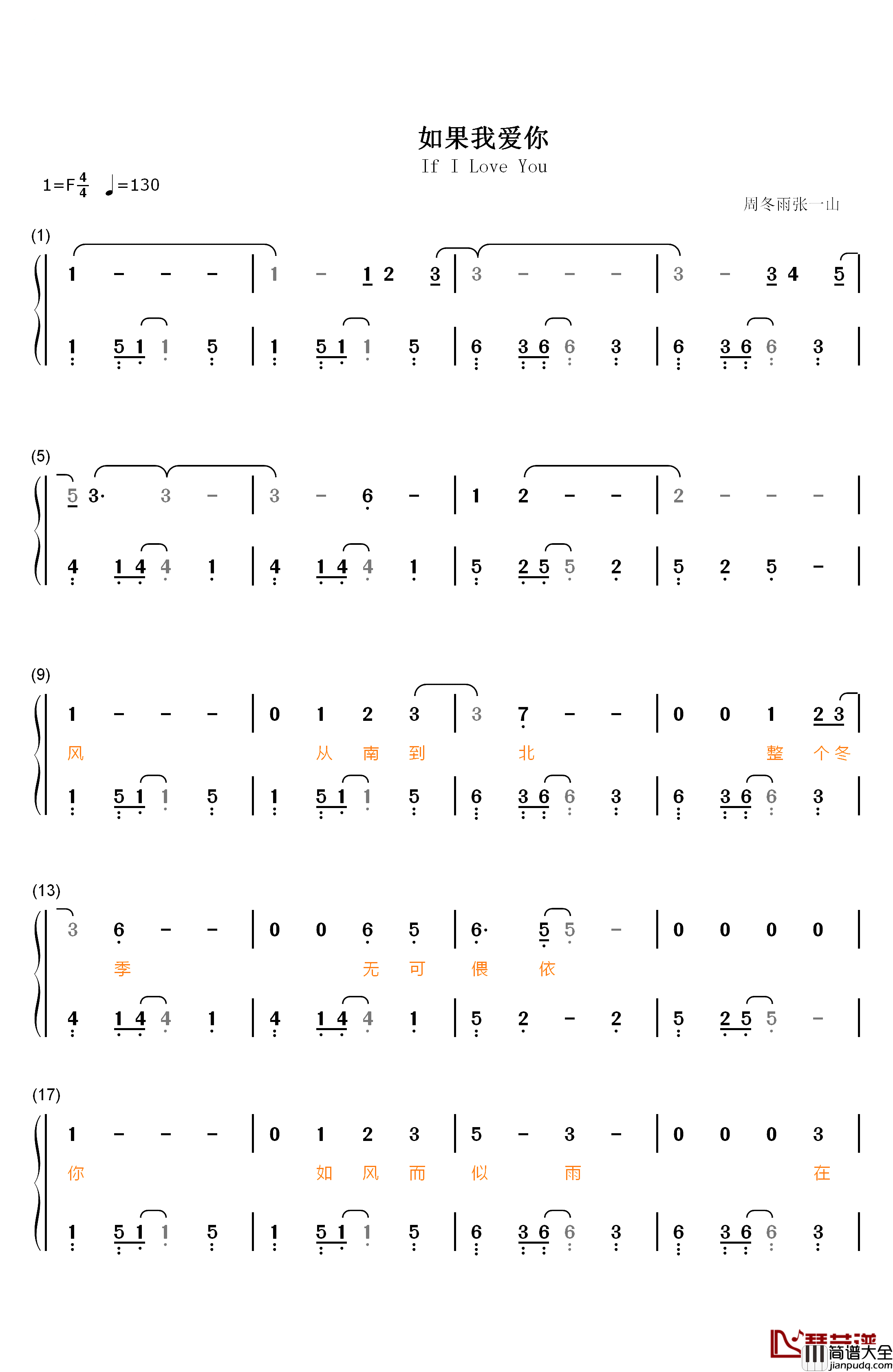 如果我爱你钢琴简谱_数字双手_周冬雨_张一山