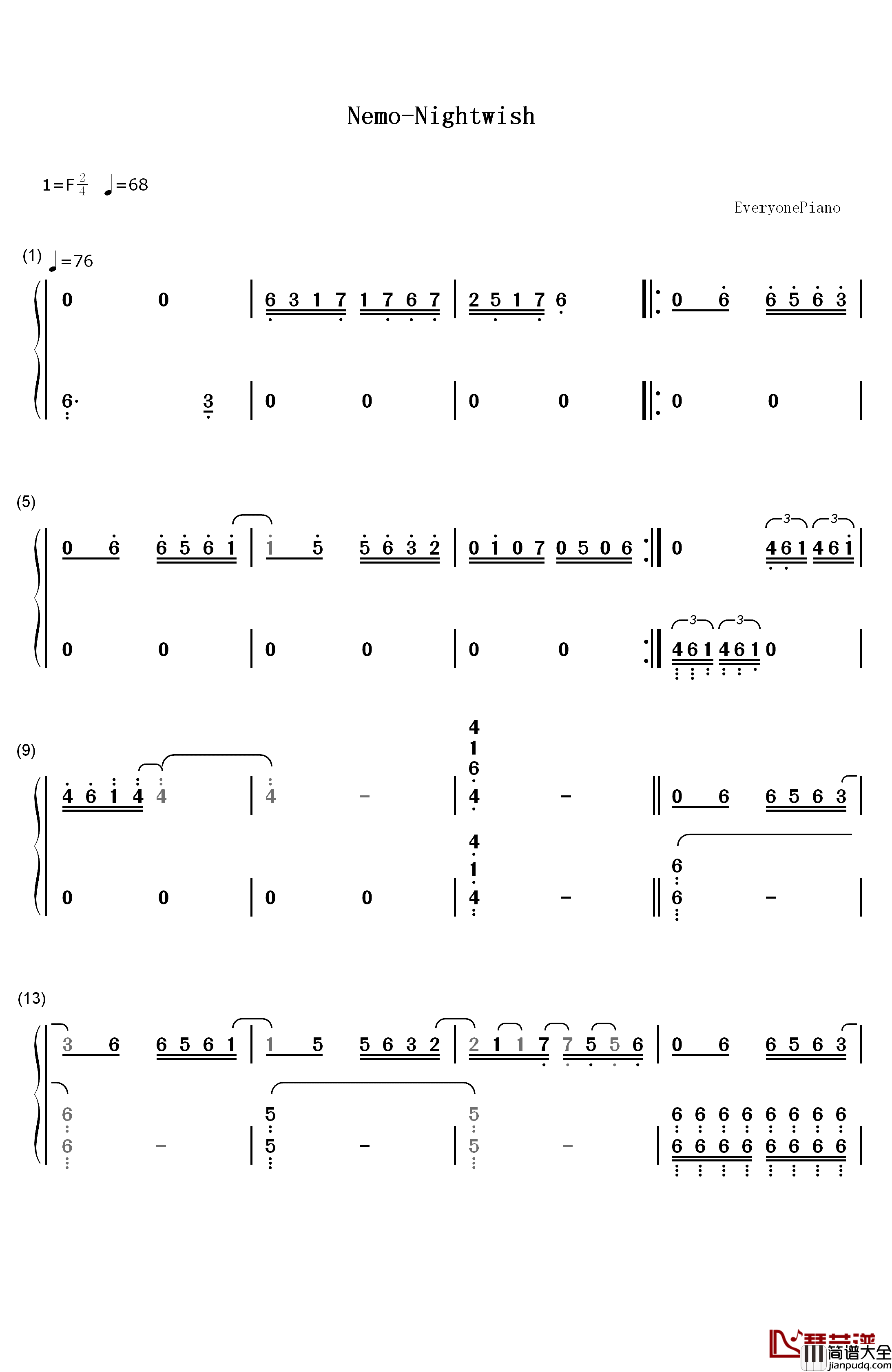 Nemo钢琴简谱_数字双手_Nightwish