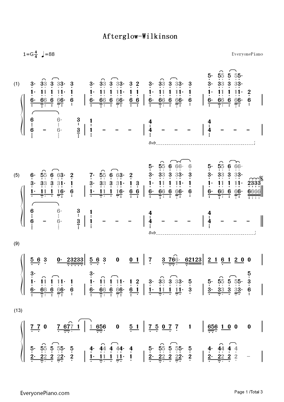 Afterglow钢琴简谱_数字双手_Wilkinson