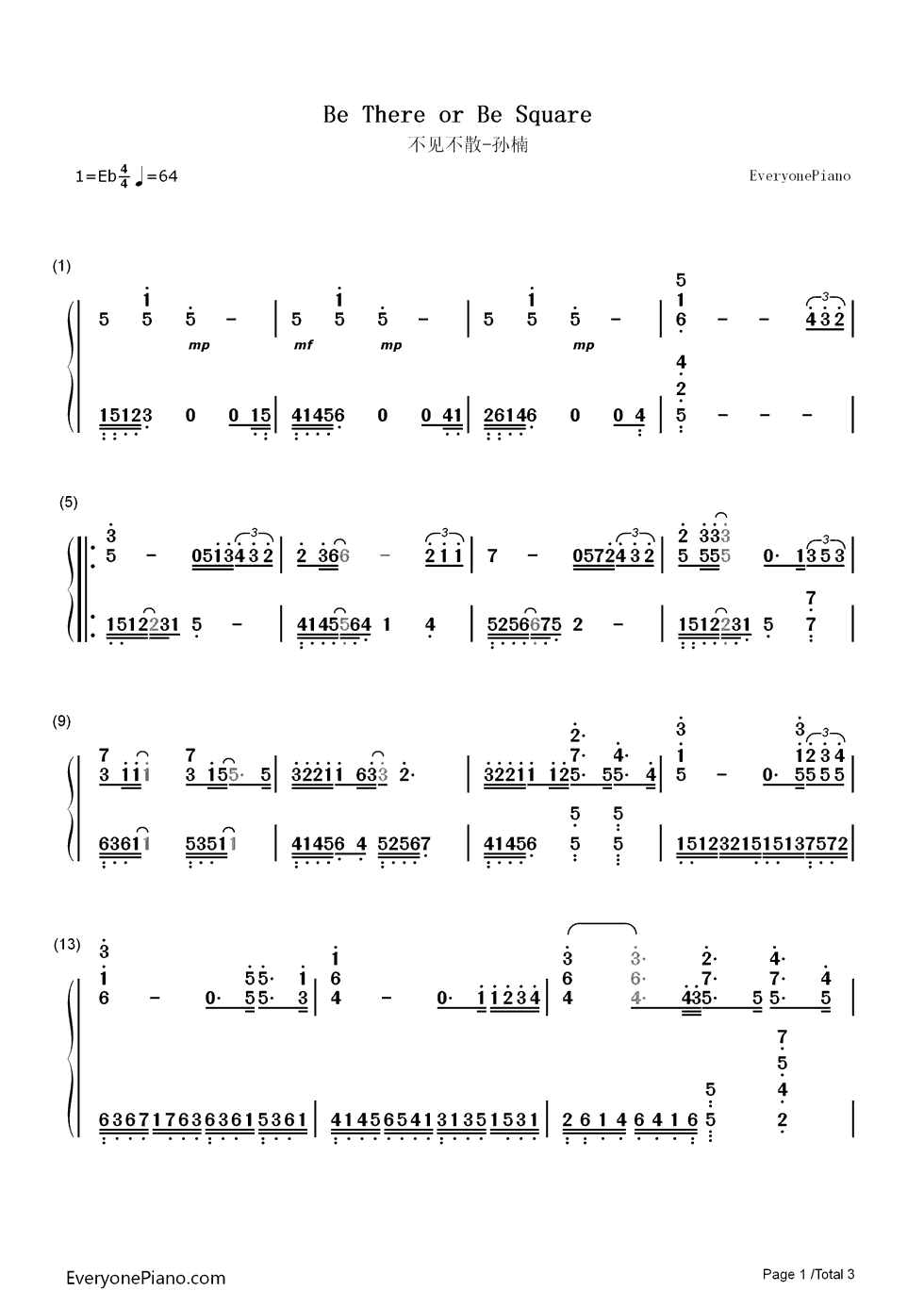 不见不散钢琴简谱_数字双手_孙楠