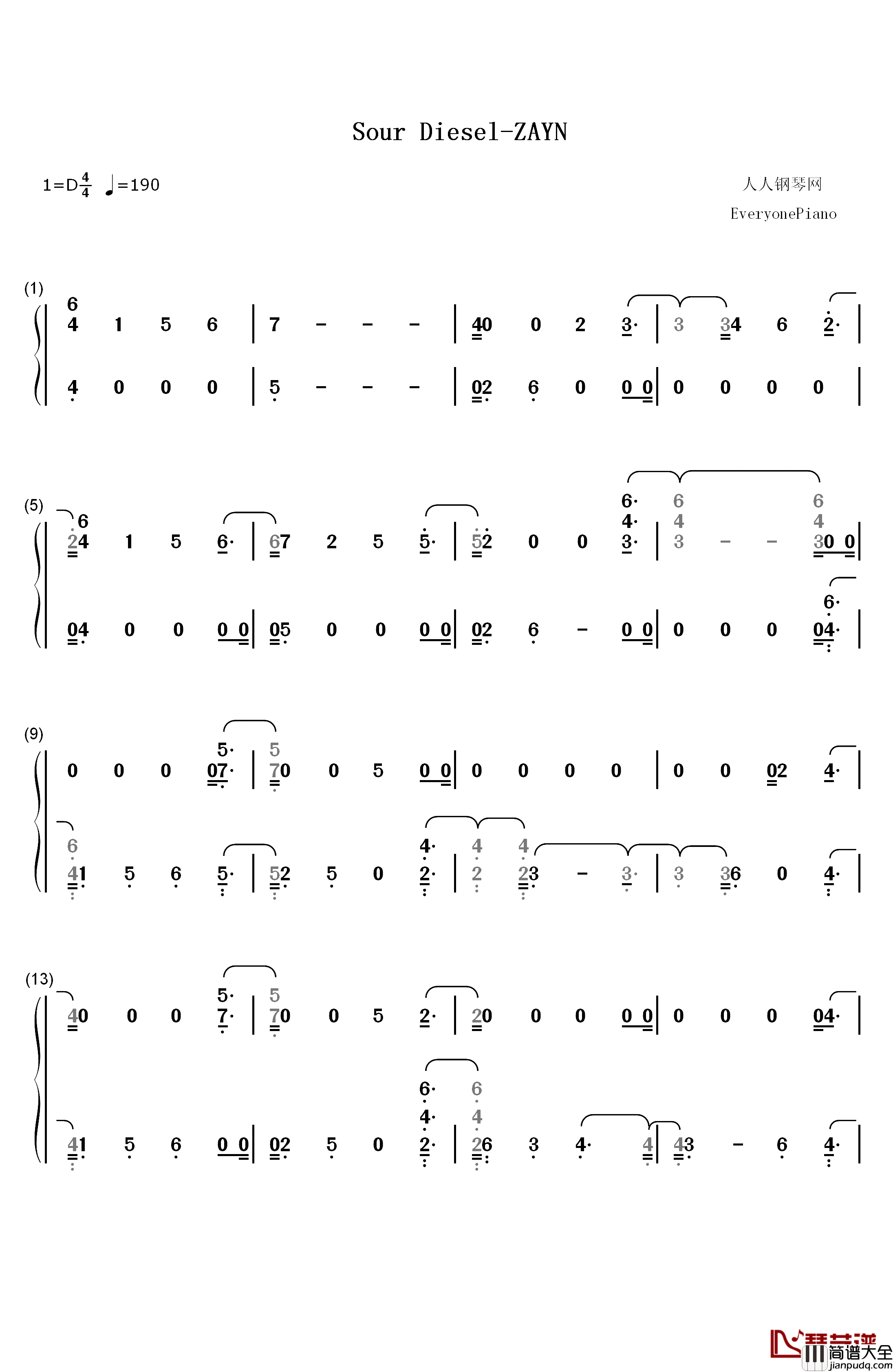 Sour_Diesel钢琴简谱_数字双手_ZAYN