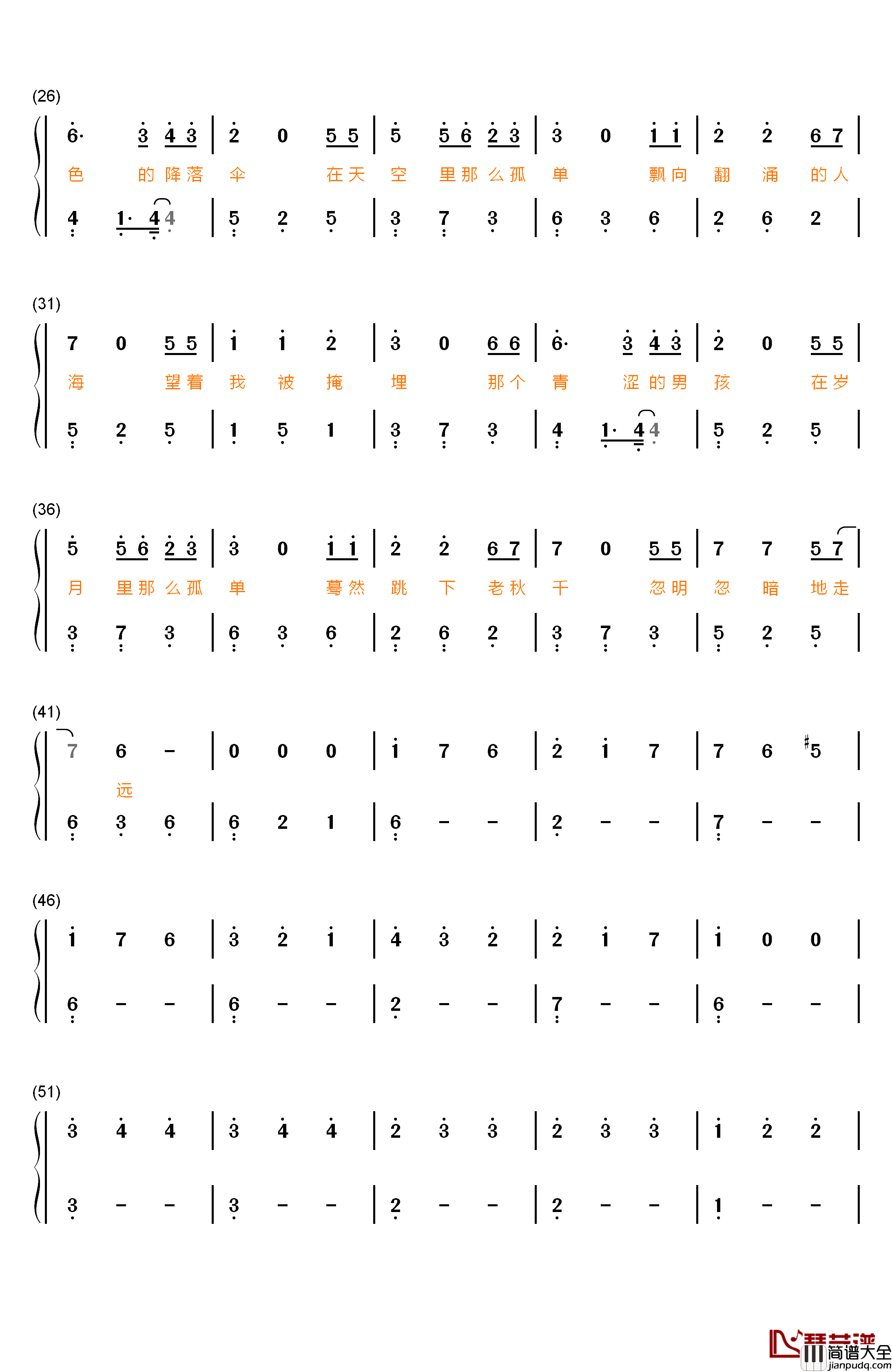 蓝色降落伞钢琴简谱_数字双手_周深