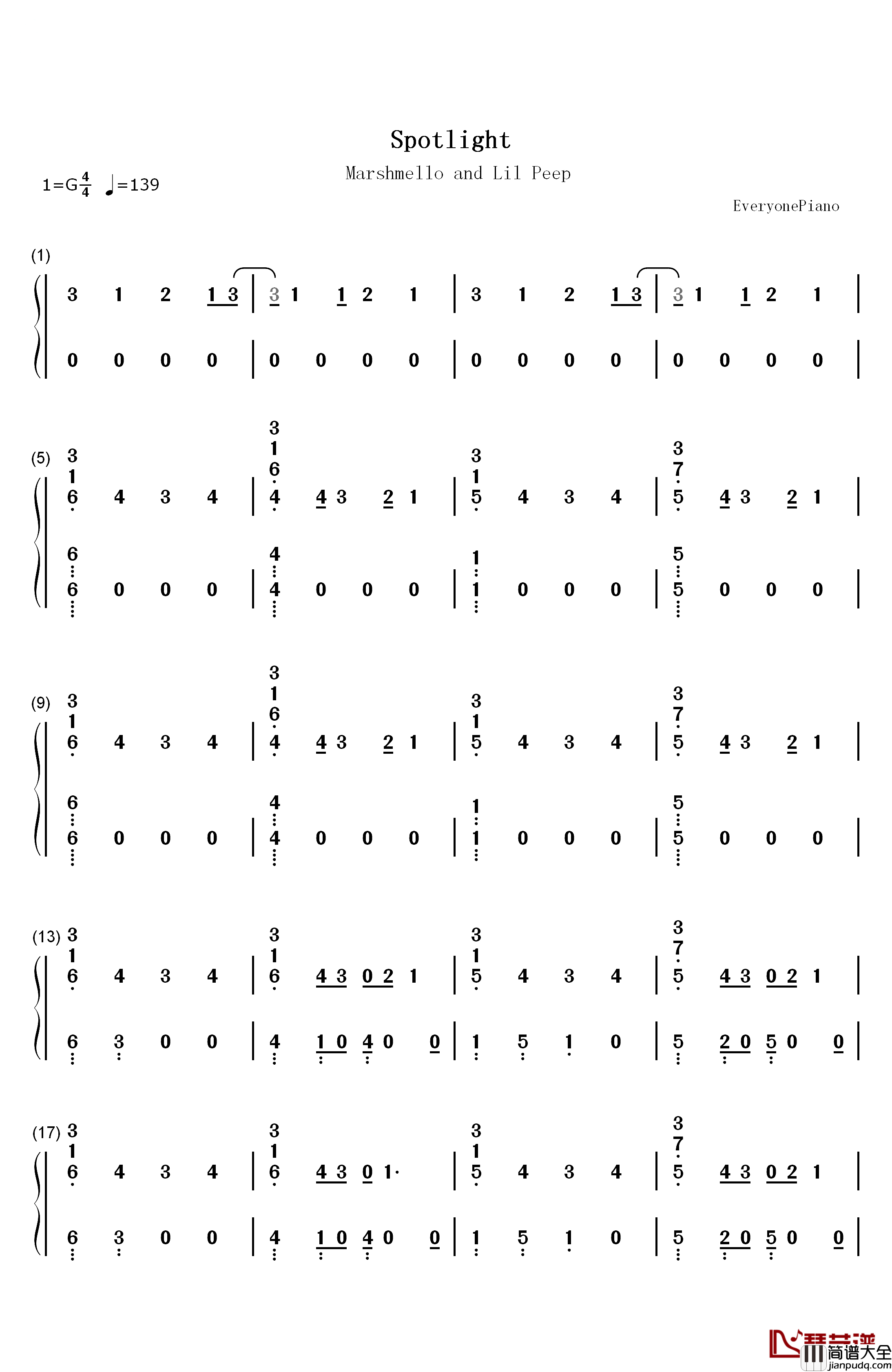 Spotlight钢琴简谱_数字双手_Marshmello_Lil_Peep