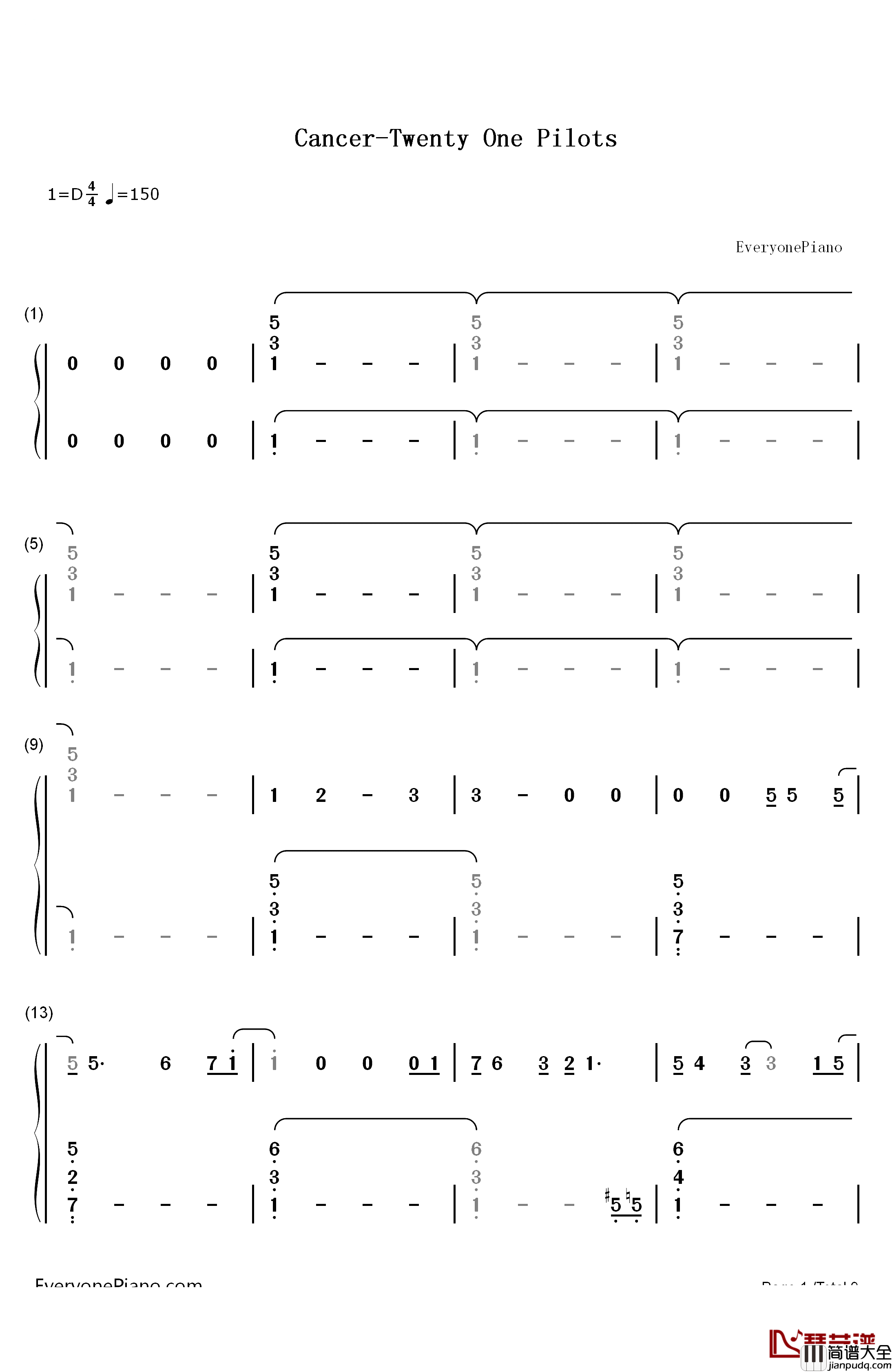 Cancer钢琴简谱_数字双手_Twenty_One_Pilots