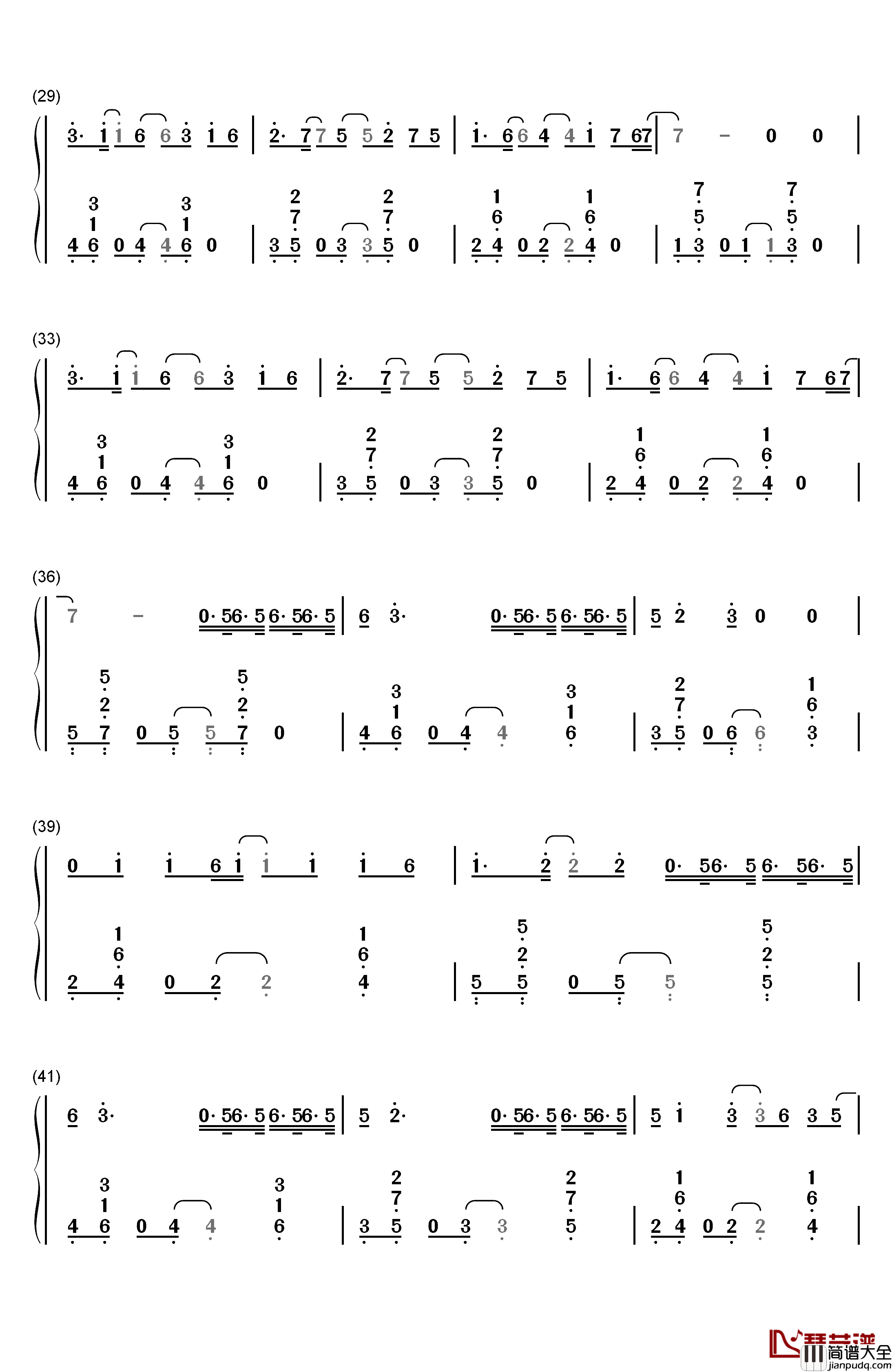 空空如也钢琴简谱_数字双手_胡66