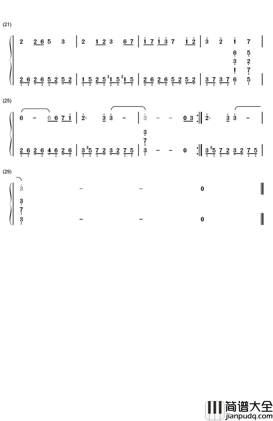 一人振り向いて钢琴简谱_数字双手_遥仰凰华