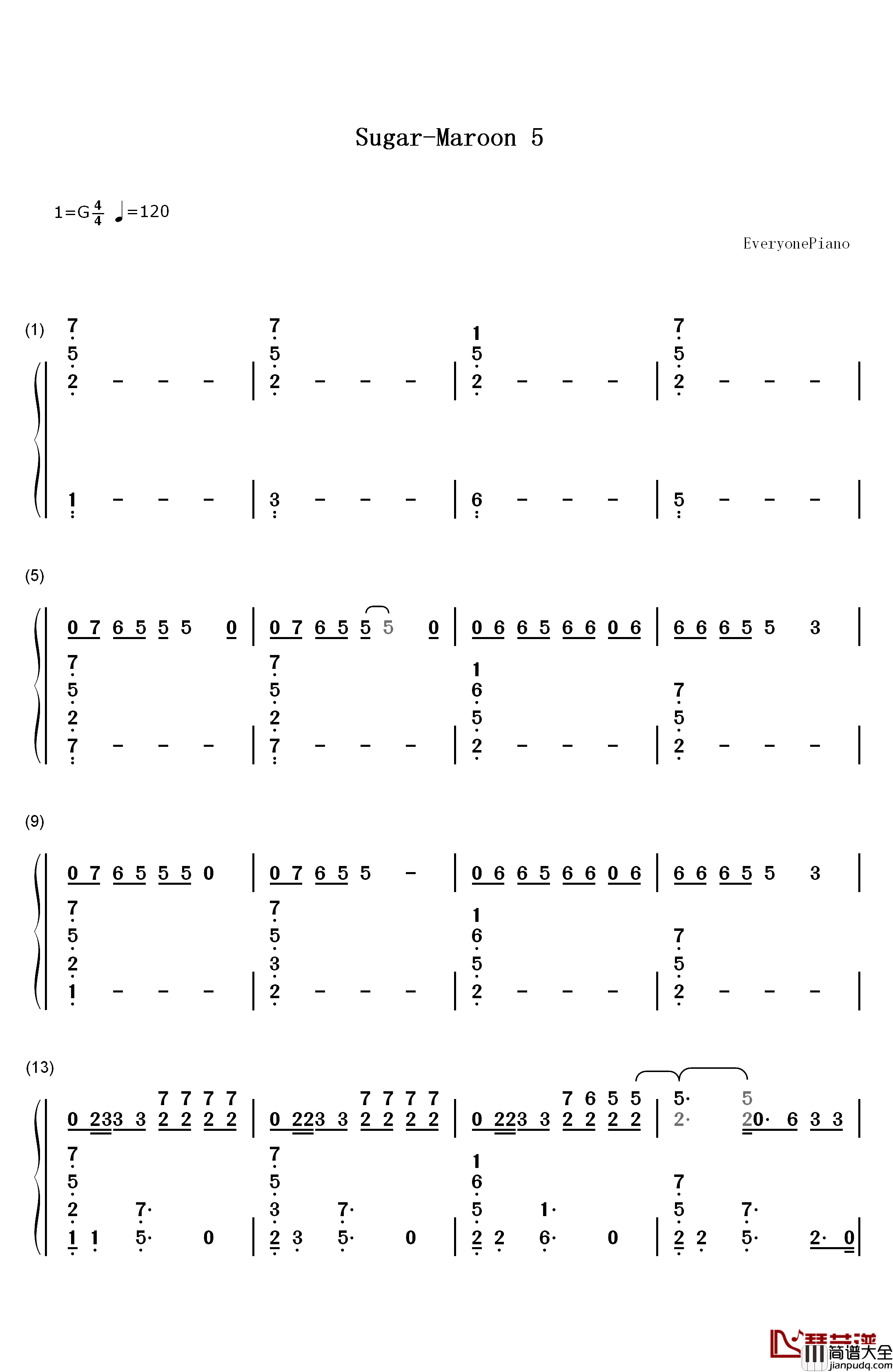 Sugar钢琴简谱_数字双手_Maroon_5