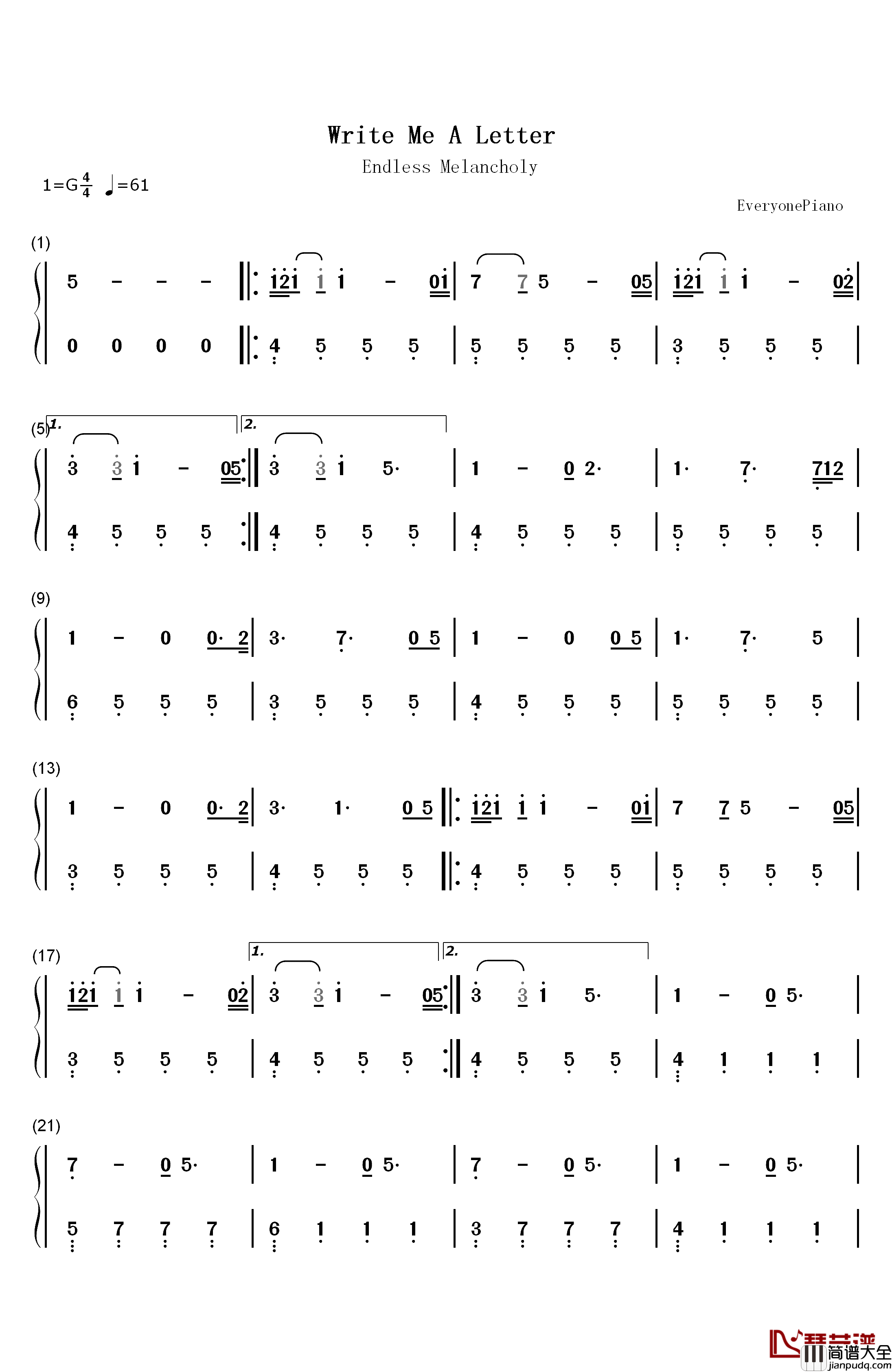 Write_Me_A_Letter钢琴简谱_数字双手_Endless_Melancholy