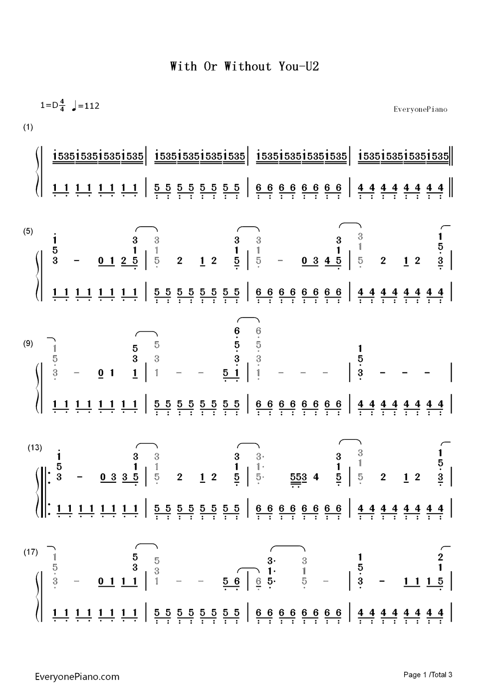 With_Or_Without_You钢琴简谱_数字双手_U2