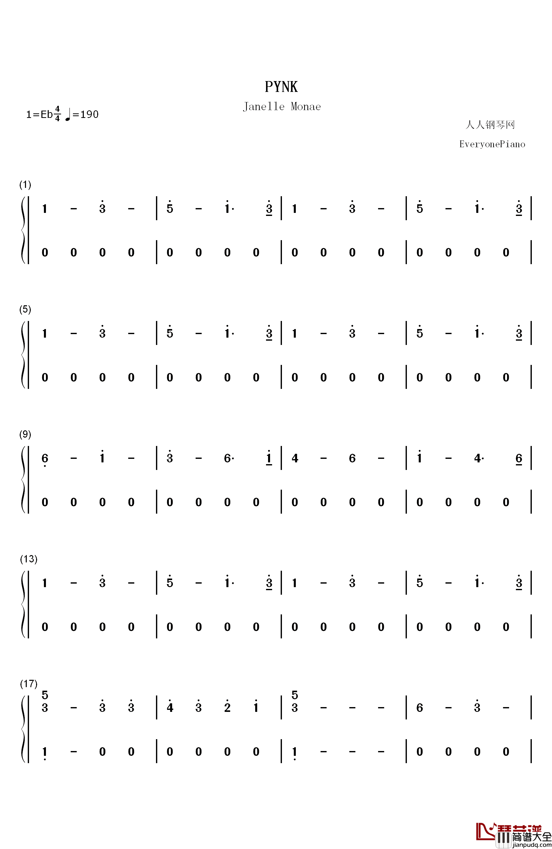 PYNK钢琴简谱_数字双手_Janelle_Monae