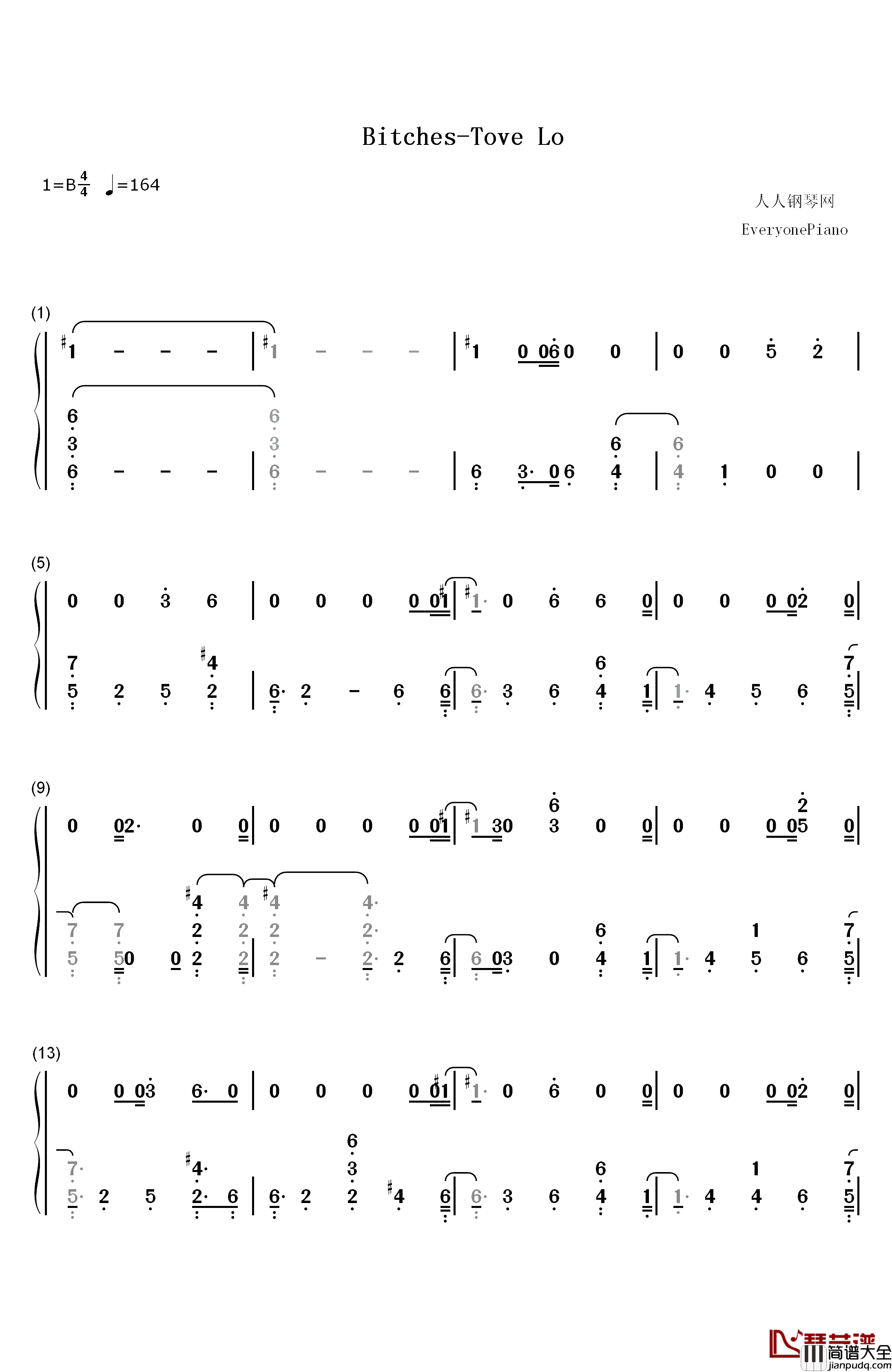 Bitches钢琴简谱_数字双手_Tove_Lo