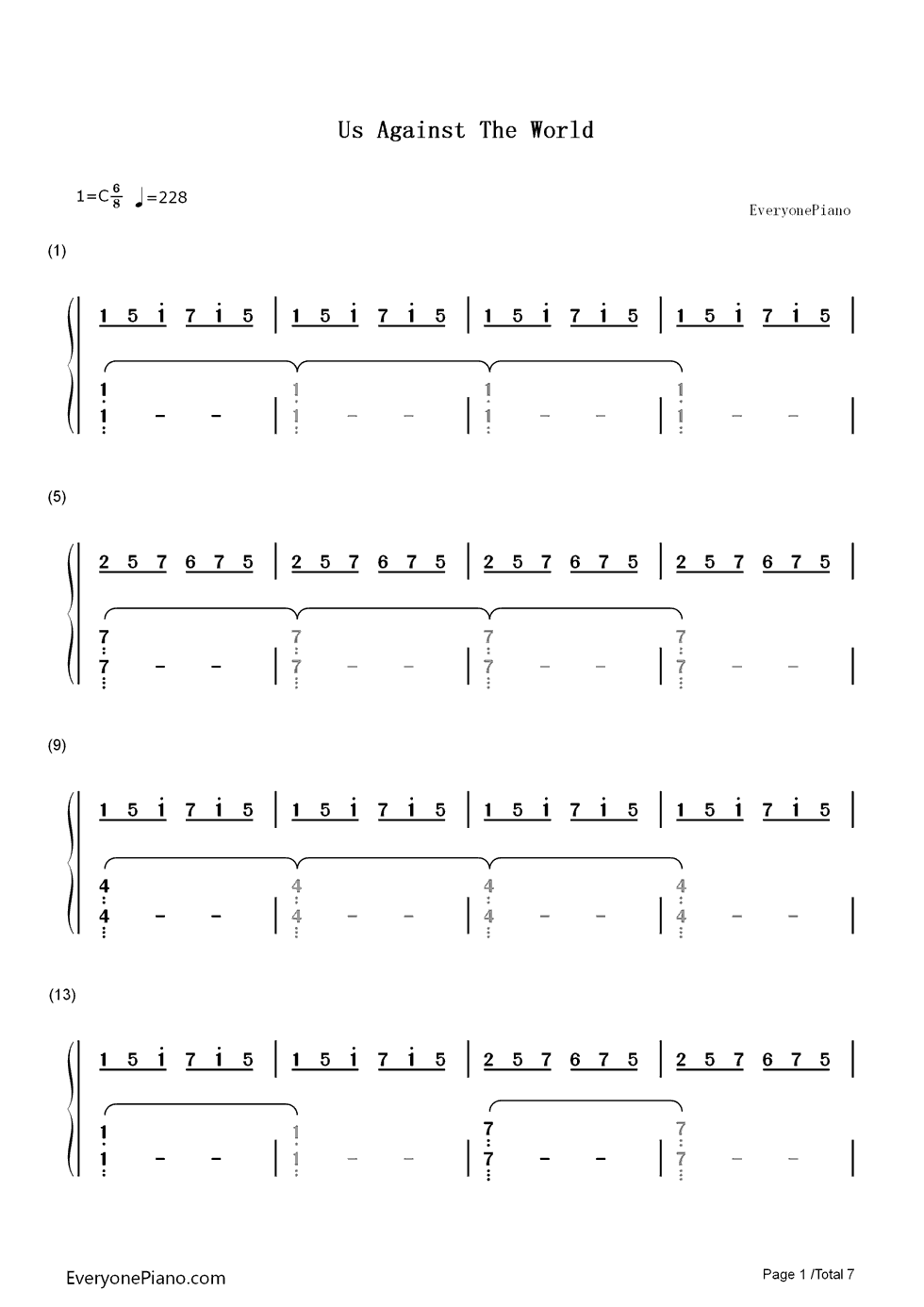 Us_Against_the_World钢琴简谱_数字双手_Coldplay