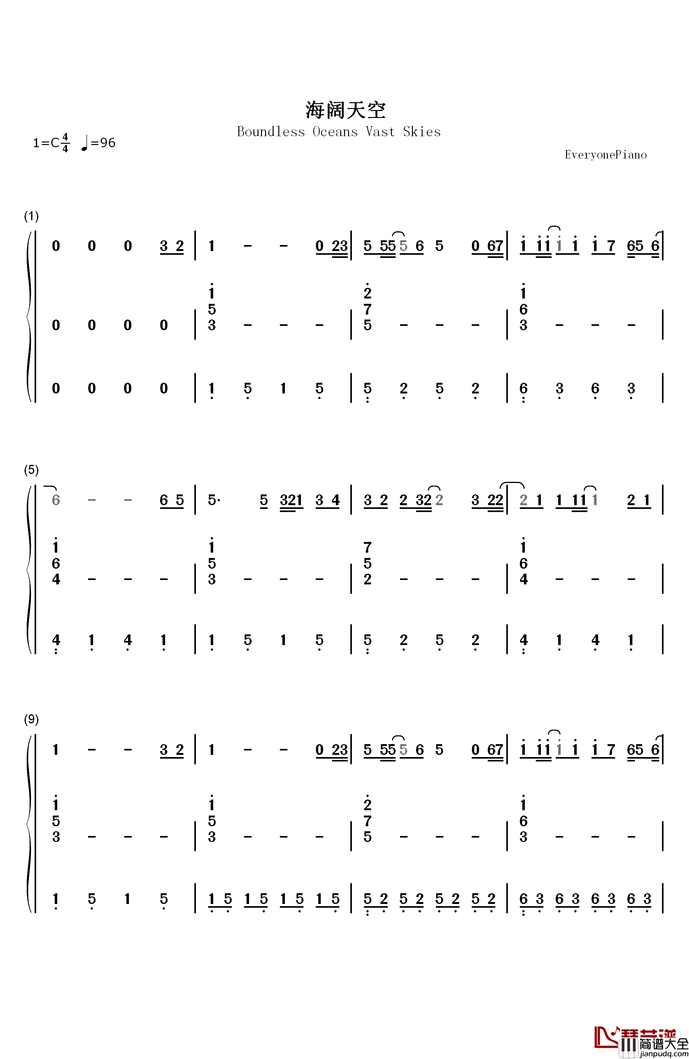 海阔天空伴奏版钢琴简谱_数字双手_Beyond