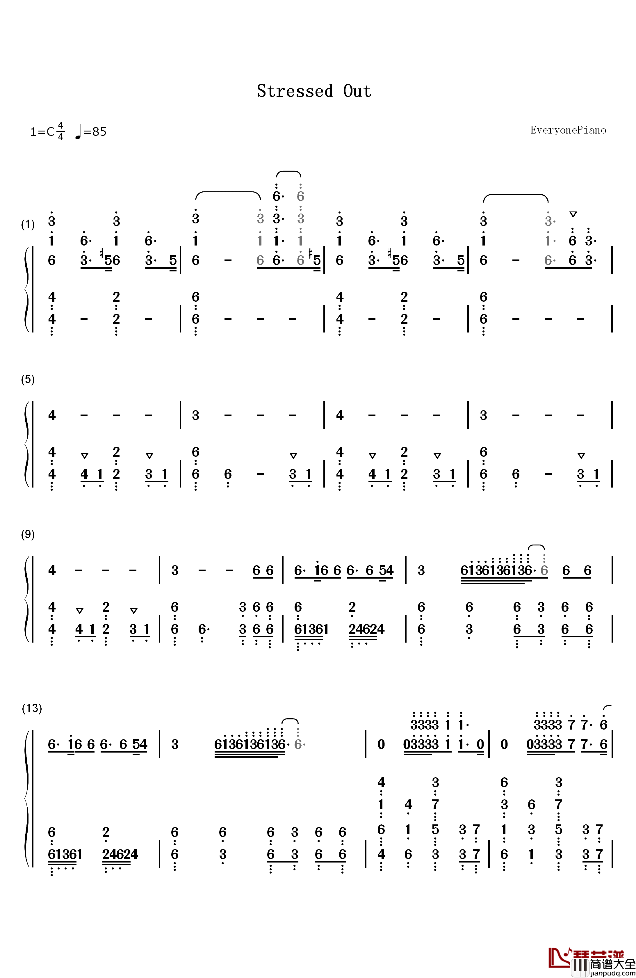 Stressed_Out简单版钢琴简谱_数字双手_Twenty_One_Pilots